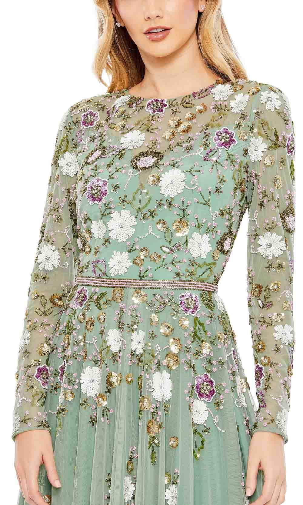 Mac Duggal - Green Sequined Floral Long Sleeve High Neck Midi Dress - US 6 Mac Duggal - Green Sequined Floral Long Sleeve High Neck Midi Dress - US 6