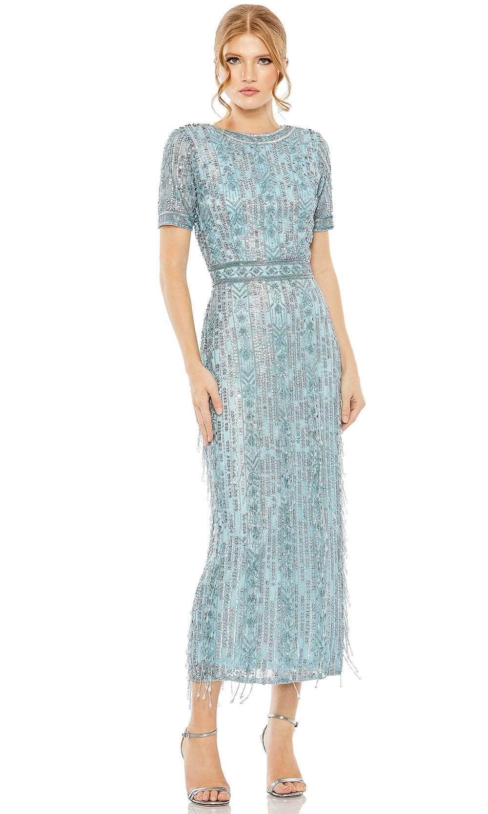mac duggal short sleeve dress Blue Floral Sequin Embellished Flutter Cap Sleeve Dress