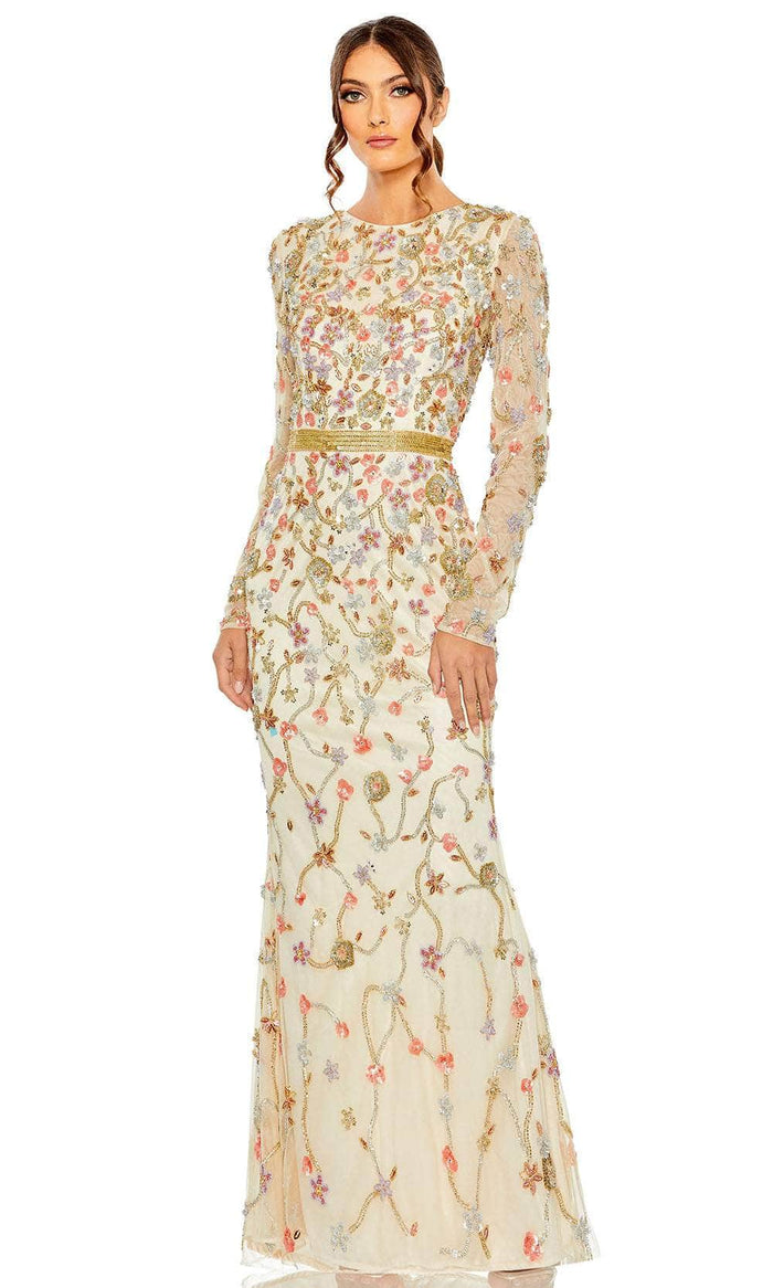 Mac Duggal 6016 - Long Sleeve Bead Embellished Long Dress Mother of the Bride Dresses 4 / Nude Multi
