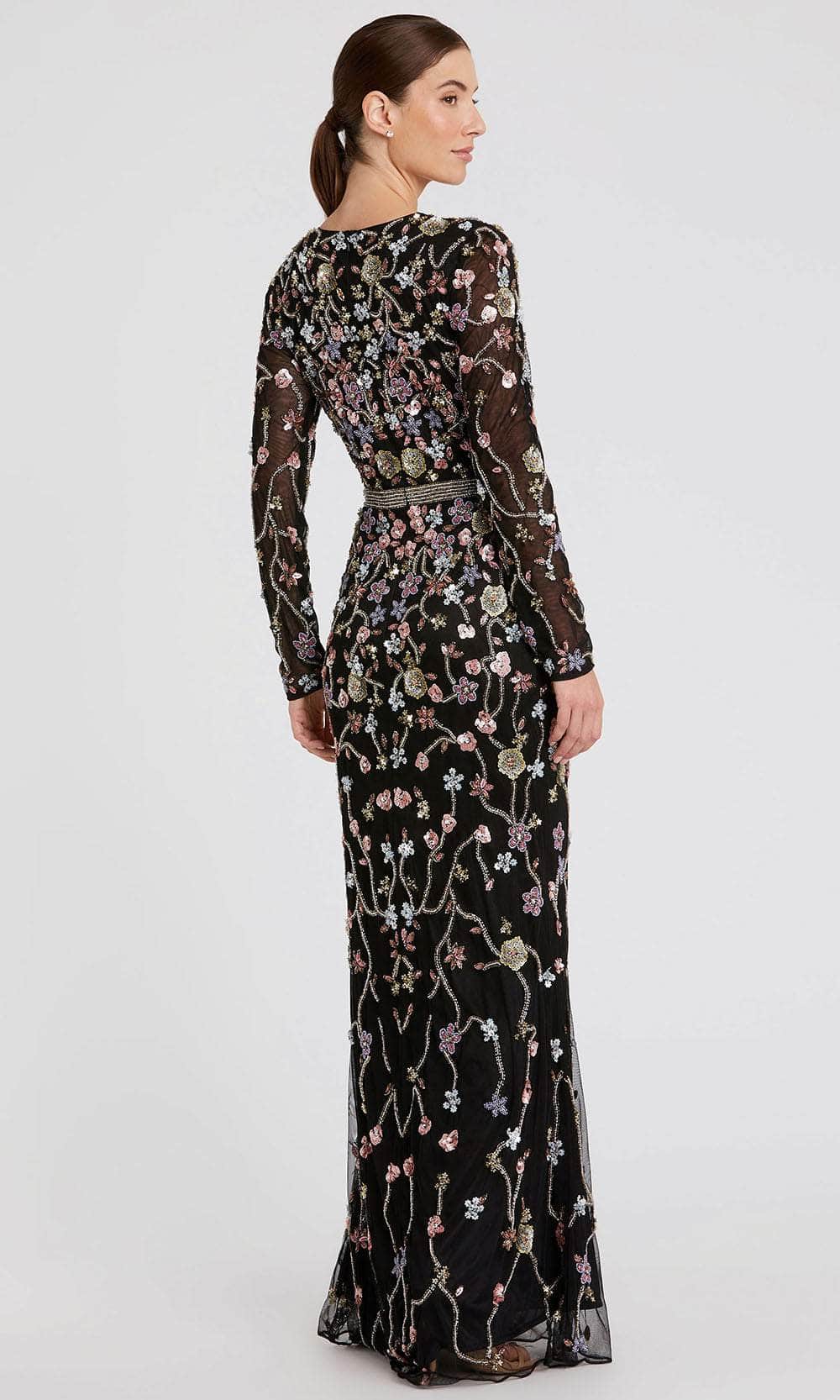 mac duggal black embellished floral long sleeve dress Ball Gown with Rhinestone Flower while the figure mac duggal black embellished floral