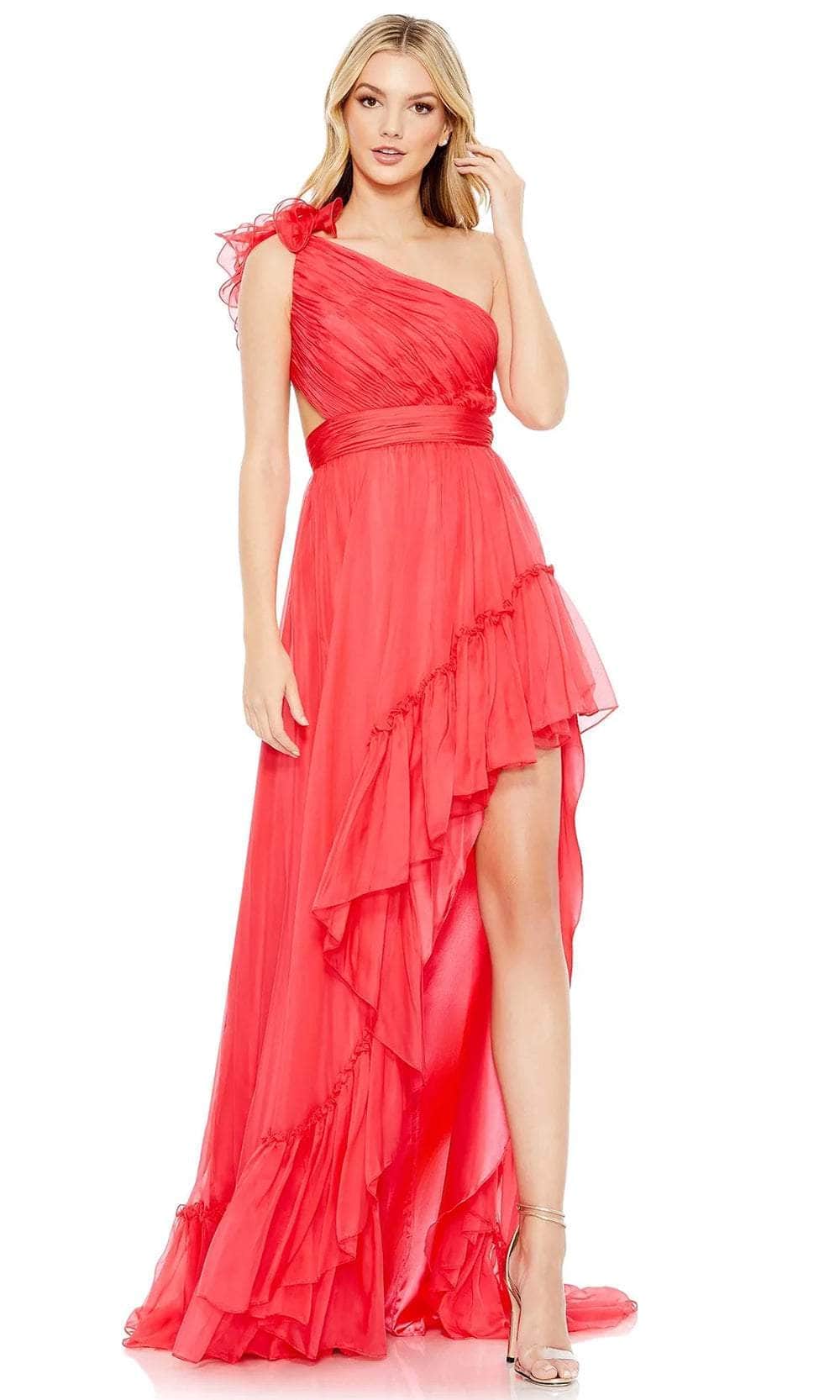 mac duggal red prom dress Mac Duggal Halter Neck Chiffon Gown With 3D Flower