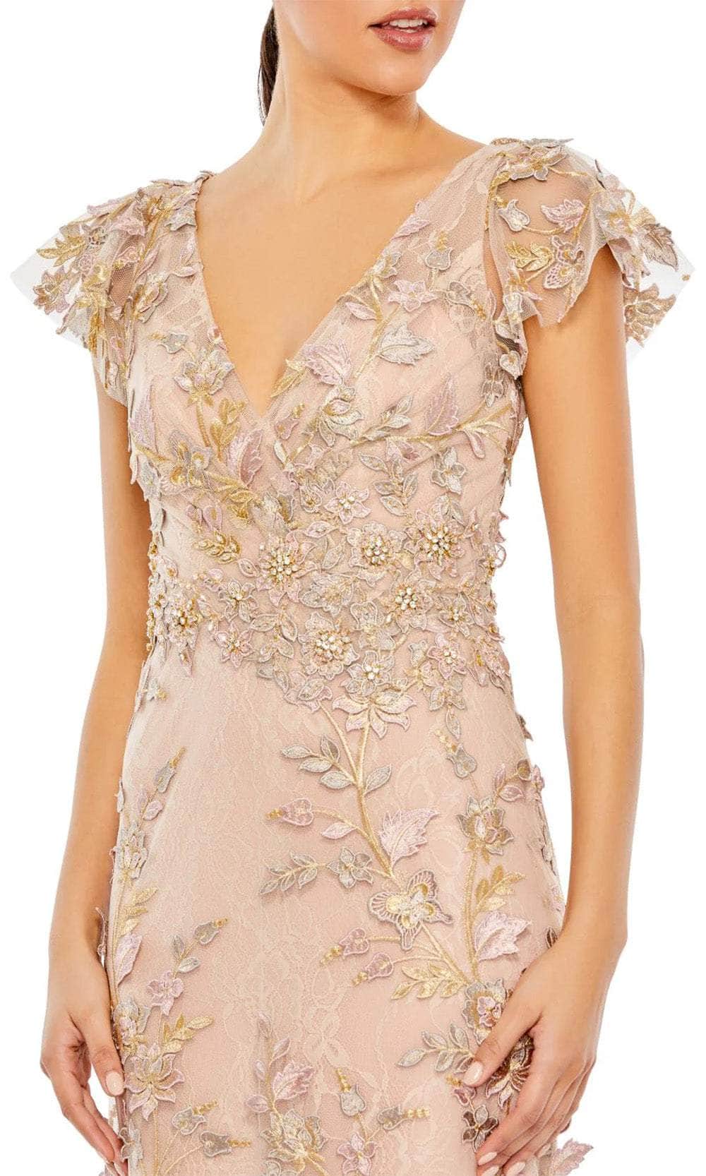 mac duggal flutter-sleeve formal appliqu maxi dress Mac Duggal Women's Flutter Sleeve Floral Embroidered Net Gown