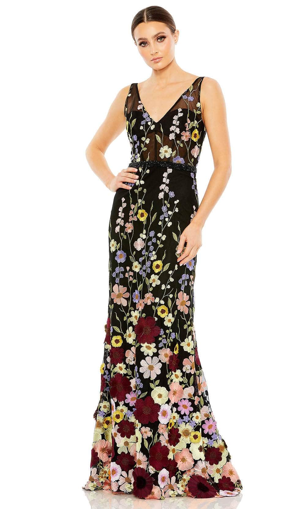 Mac Duggal - Black Embroidered Tulle Sleeveless V Neck Gown - Black Multi / US 6 Mac Duggal - Black Embroidered Tulle Sleeveless V Neck Gown - Black Multi / US 6