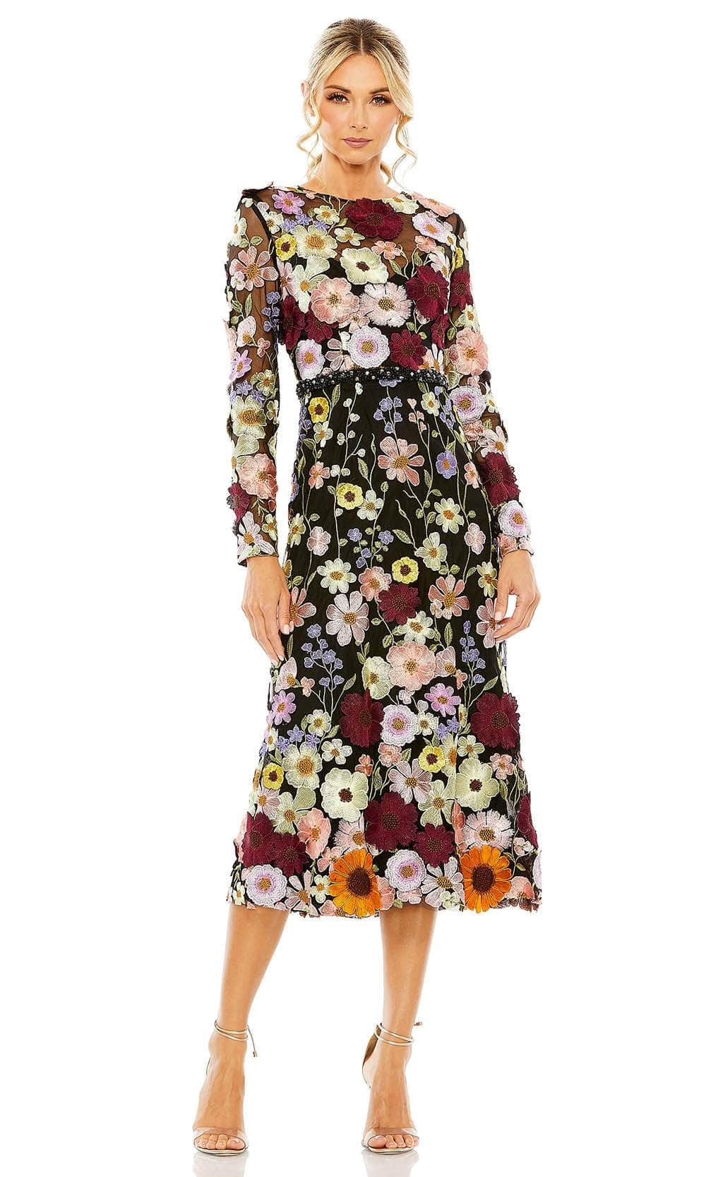 Mac Duggal - Multicolor Floral Embroidered A-Line Midi Dress - Black Multi / US 12 Mac Duggal - Multicolor Floral Embroidered A-Line Midi Dress - Black Multi / US 12