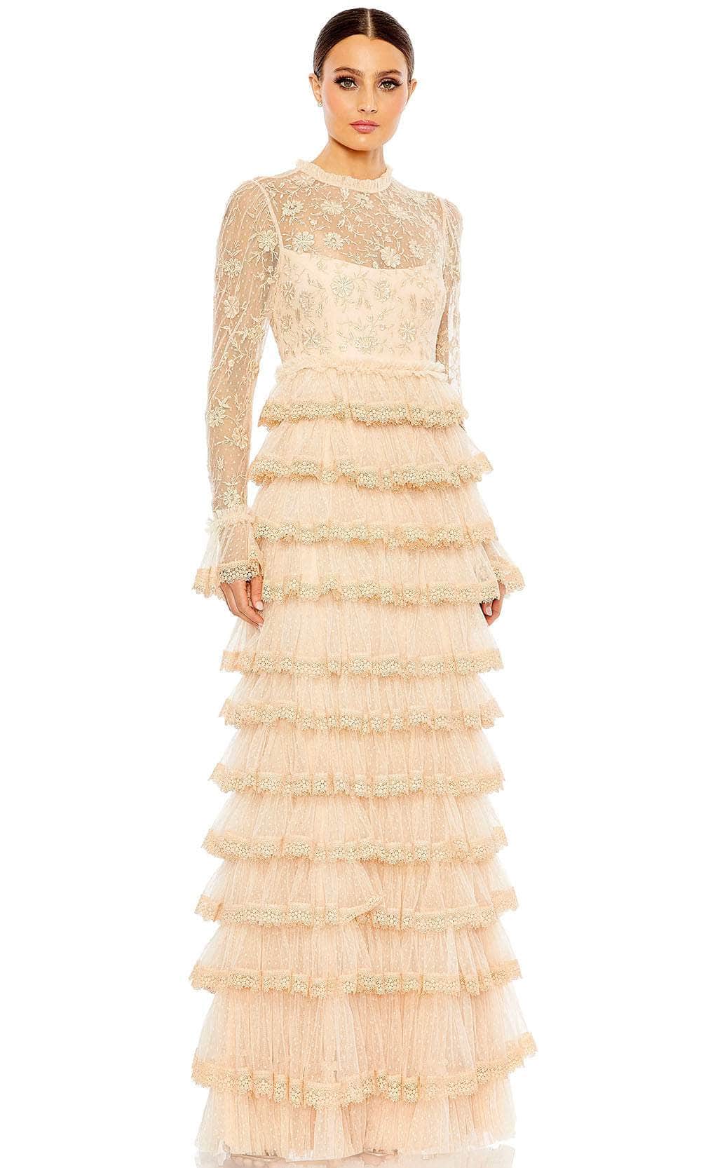 long sleeve cream prom dress Cream Lace & Satin Long Sleeve Illusion Prom Dress