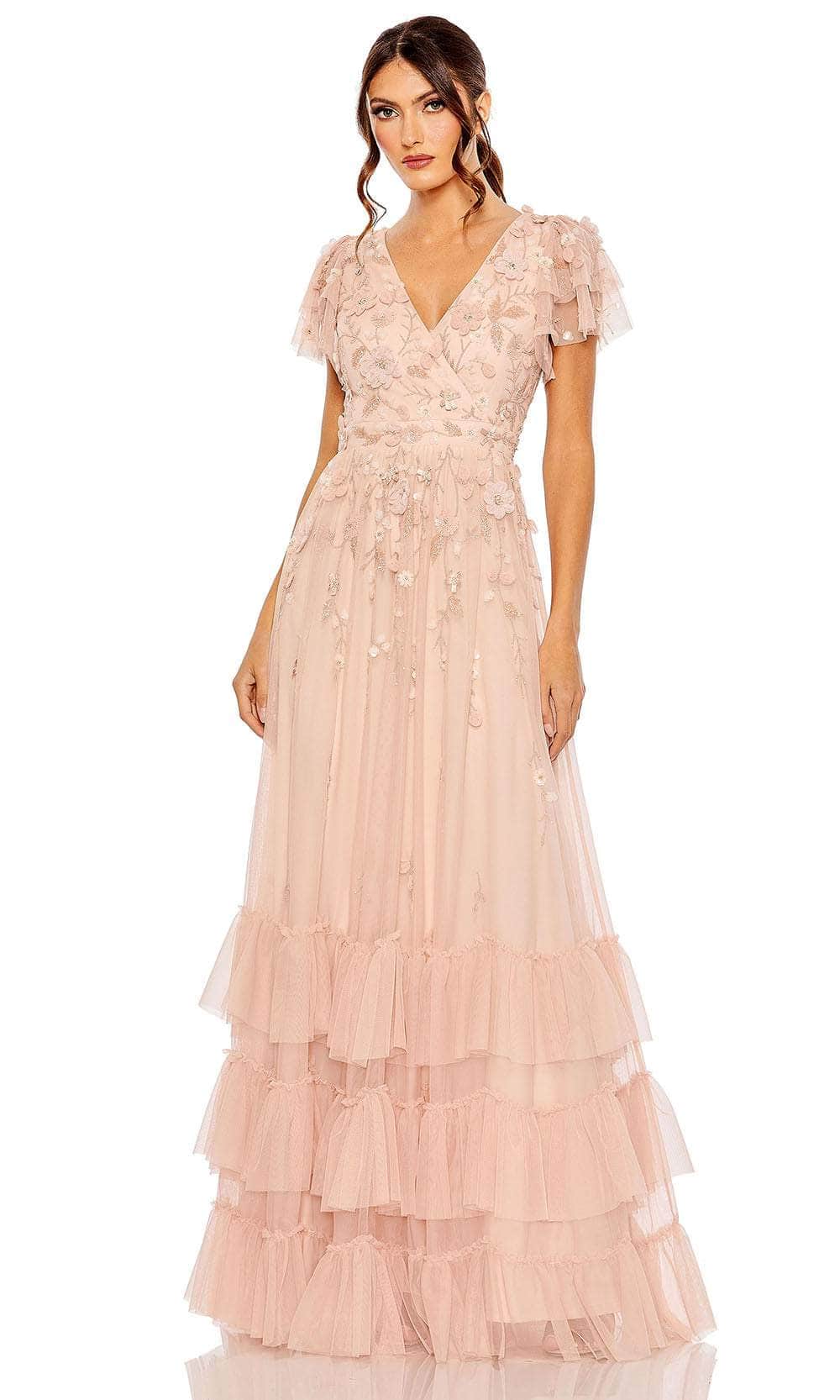 Mac Duggal Women's Ruffle Tiered Embellished Faux Wrap Flutter Sleeve - Pink - Size 10 - Blush Mac Duggal Women's Ruffle Tiered Embellished Faux Wrap Flutter Sleeve - Pink - Size 10 - Blush