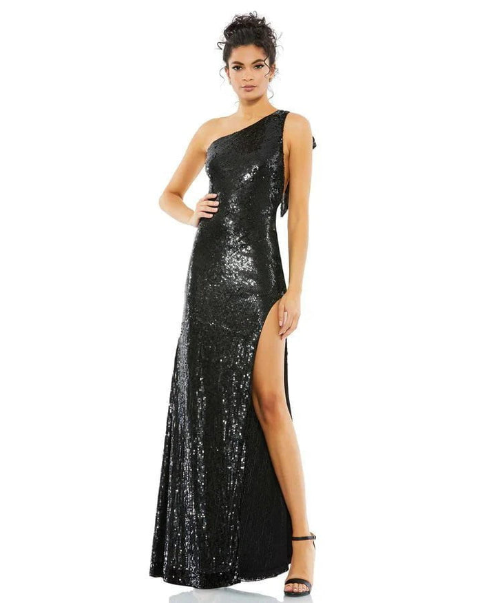 Mac Duggal - 93580 Sequined Sheath Dress With Slit Prom Dresses 0 / Black