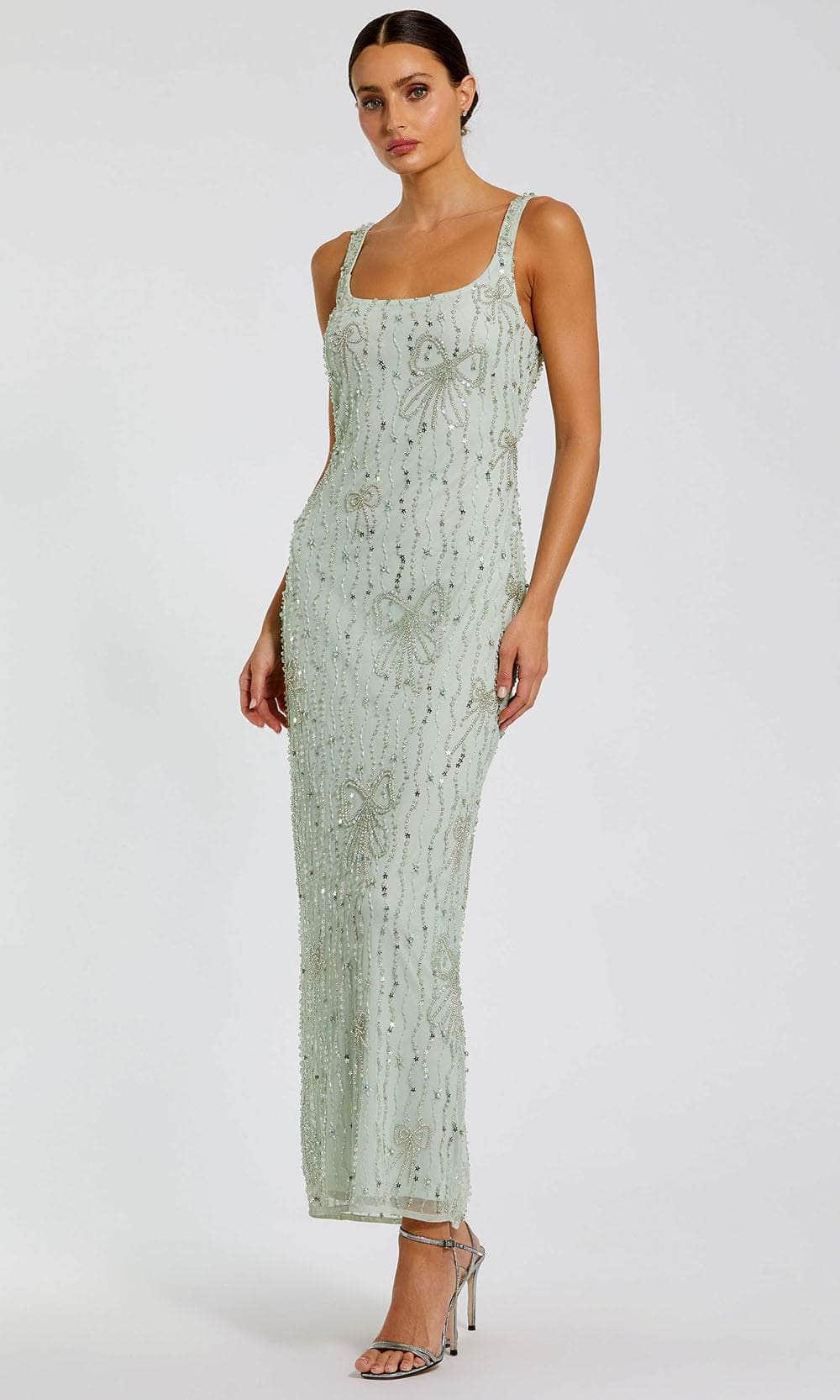 embellished mesh dress Green Beaded Mesh Scoop Neck Fitted Gown With Bows