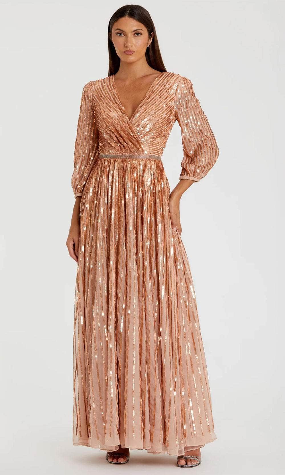 Mac Duggal - Pink Sequined Wrap Over 3/4 Sleeve Gown - Apricot / US 2 Mac Duggal - Pink Sequined Wrap Over 3/4 Sleeve Gown - Apricot / US 2