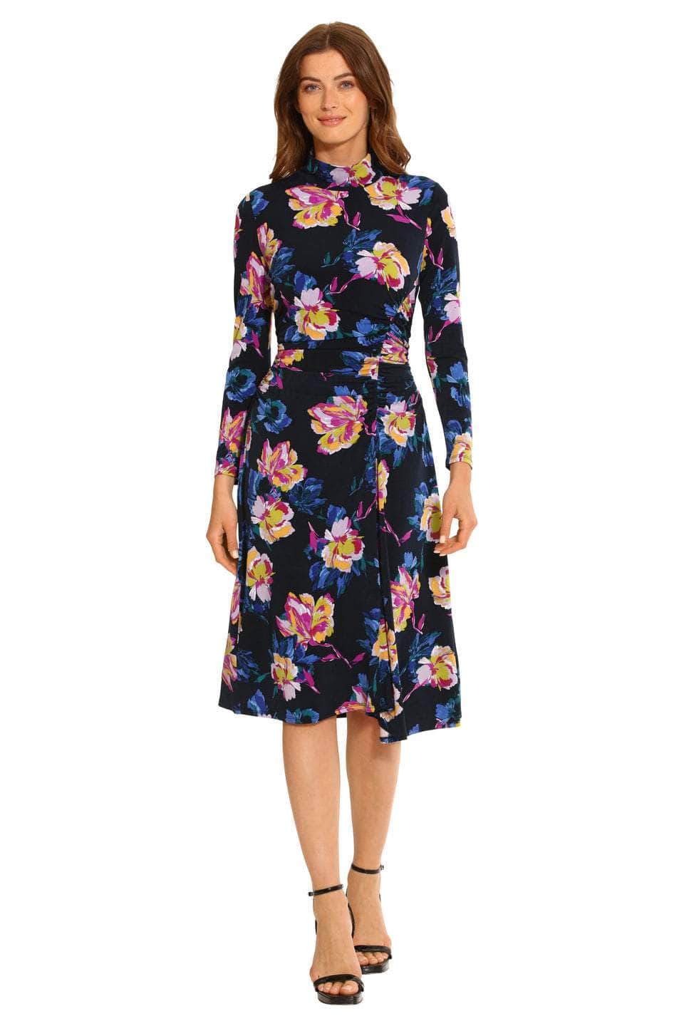 Maggy London Stretch Floral Mock Neck Long Sleeve Dress, Womens, 12, Midnight Navy/French Blue