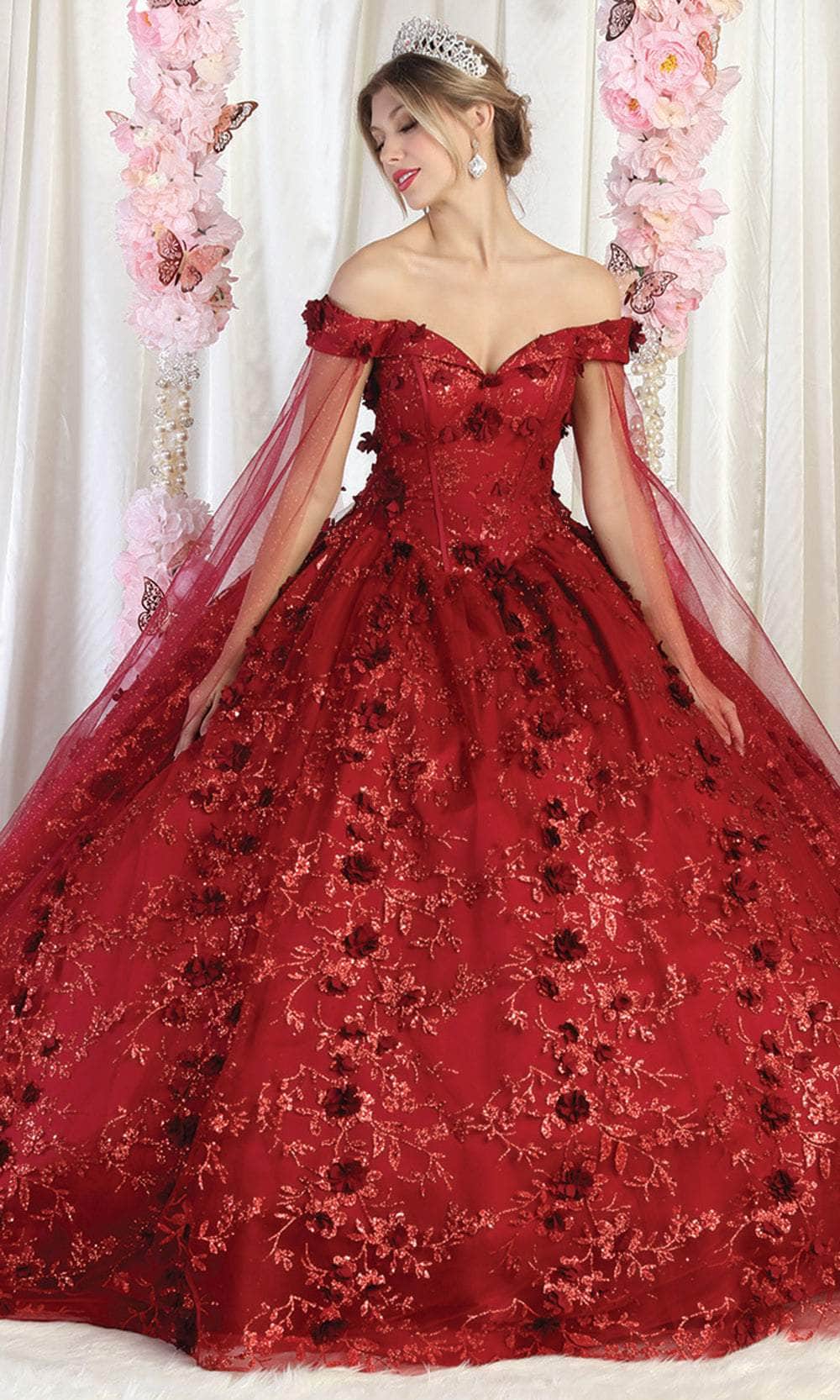 May Queen LK184 - Off-Shoulder 3D Floral Embellished Ballgown 6 / Burgundy - Shop May Queen dresses on Couture Candy at CoutureCandy.com May Queen LK184 - Off-Shoulder 3D Floral Embellished Ballgown 6 / Burgundy - Shop May Queen dresses on Couture Candy at CoutureCandy.com