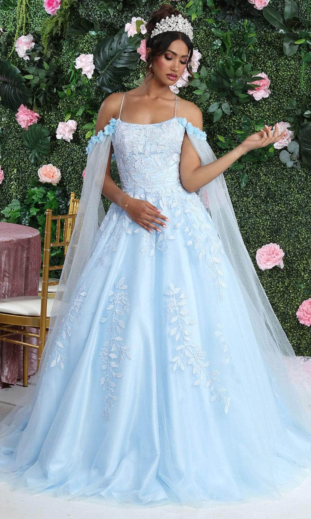 May Queen LK191 - Cape Sleeve Applique Gown May Queen LK191 - Cape Sleeve Applique Gown