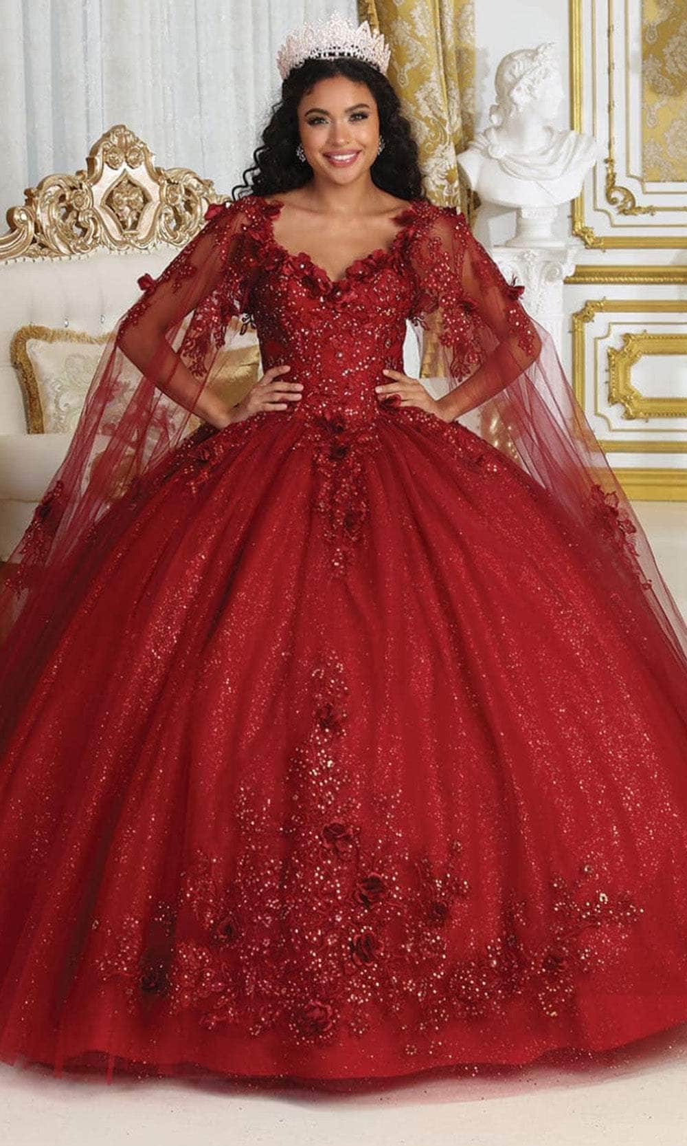 long sleeve quinceanera dresses May Queen LK214 - Cape Sleeve Embroidered Ballgown 8 / Burgundy