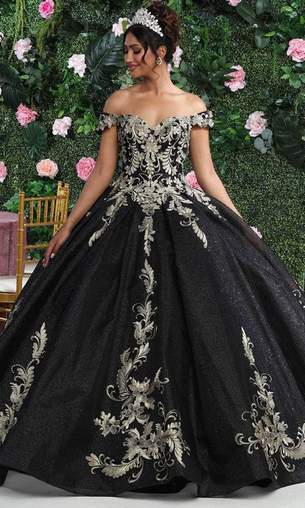 Off-the-Shoulder Floor-Length Tulle Quinceaera Ball Gown May Queen LK219 - Black/Gold / 12 Off-the-Shoulder Floor-Length Tulle Quinceaera Ball Gown May Queen LK219 - Black/Gold / 12