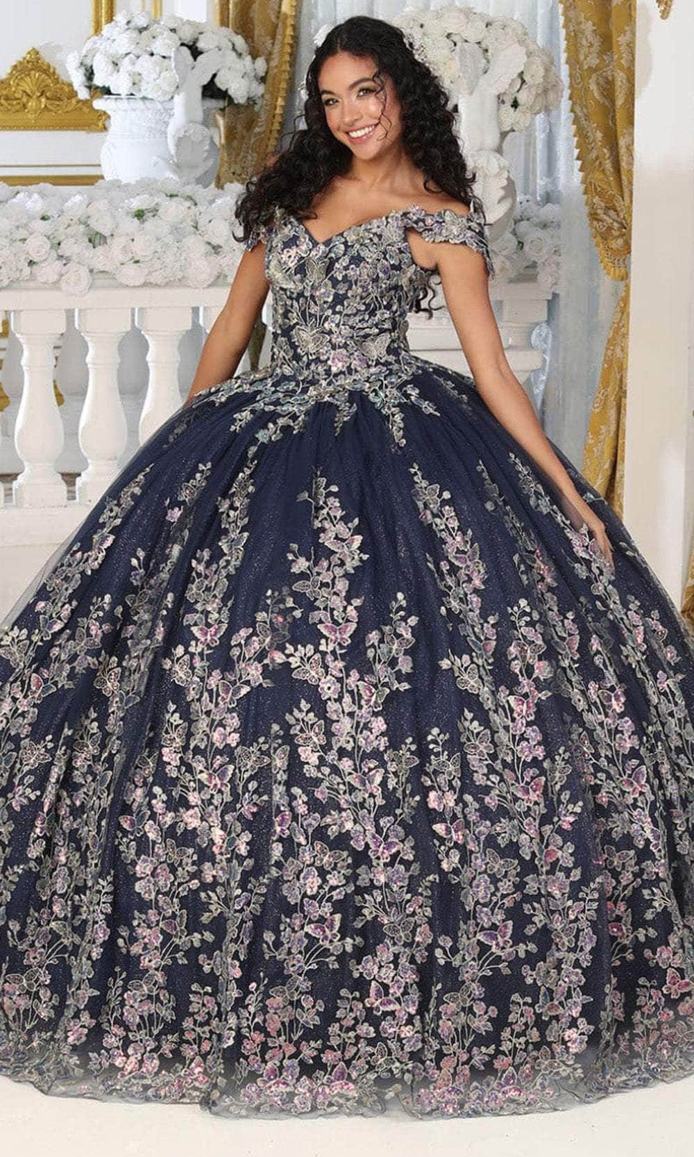 Off-the-Shoulder Floor-Length Tulle Quinceaera Ball Gown May Queen LK228 - Navy / 16 Off-the-Shoulder Floor-Length Tulle Quinceaera Ball Gown May Queen LK228 - Navy / 16