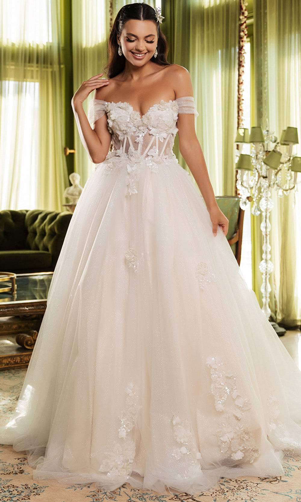 sheer bodice ball gown wedding dress 44438: Sparkle Tulle Ball Gown with Sheer Bodice and Basque Waist