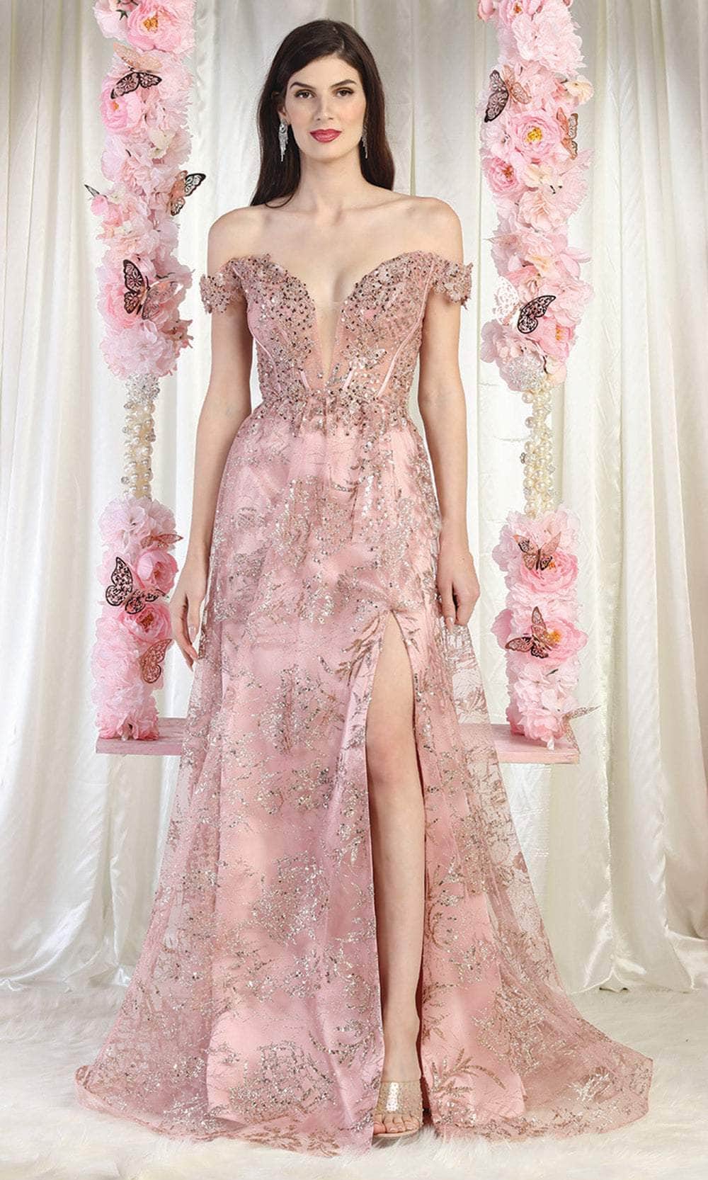 May Queen MQ1975 - Off Shoulder Plunging Enchanting Gown 8 / Rose Gold - Shop May Queen Dresses On Couture Candy at CoutureCandy.com May Queen MQ1975 - Off Shoulder Plunging Enchanting Gown 8 / Rose Gold - Shop May Queen Dresses On Couture Candy at CoutureCandy.com