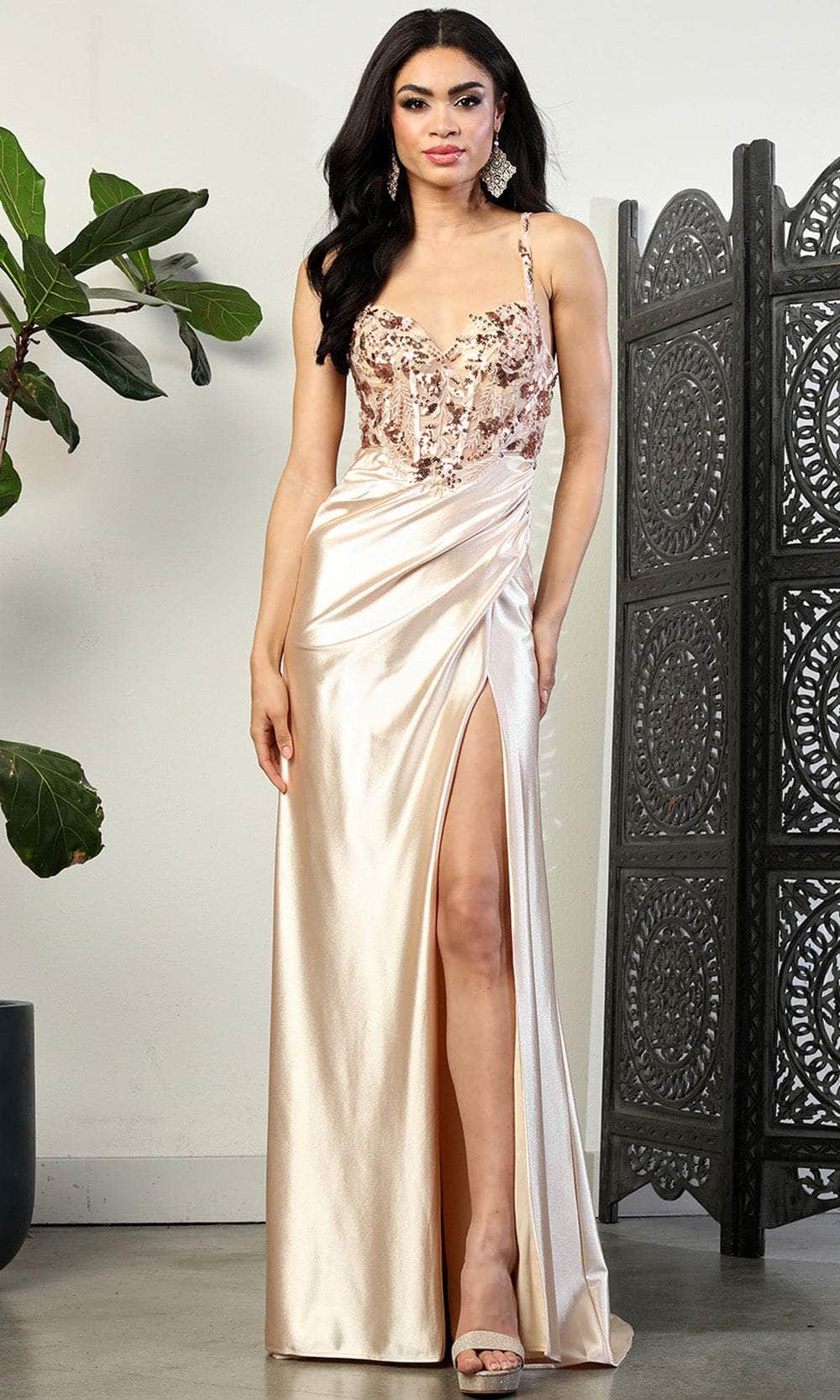May Queen MQ2006 Cut Out Back Sleeveless Slit Formal Evening Gown - GOLD / 8 May Queen MQ2006 Cut Out Back Sleeveless Slit Formal Evening Gown - GOLD / 8