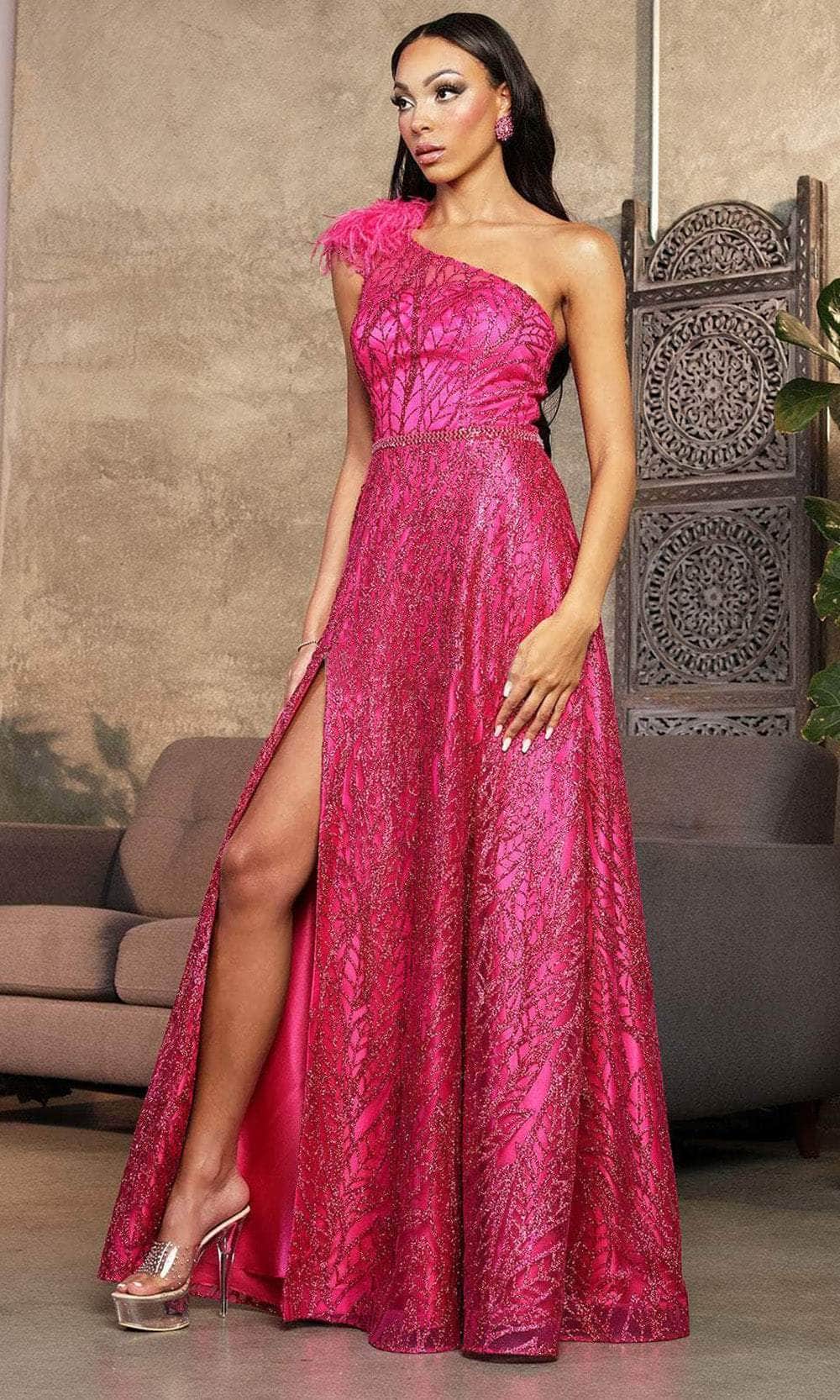 May Queen Mq2024 Asymmetrical Embellished Gala Gown with Slit - Fuchsia / 20 May Queen Mq2024 Asymmetrical Embellished Gala Gown with Slit - Fuchsia / 20