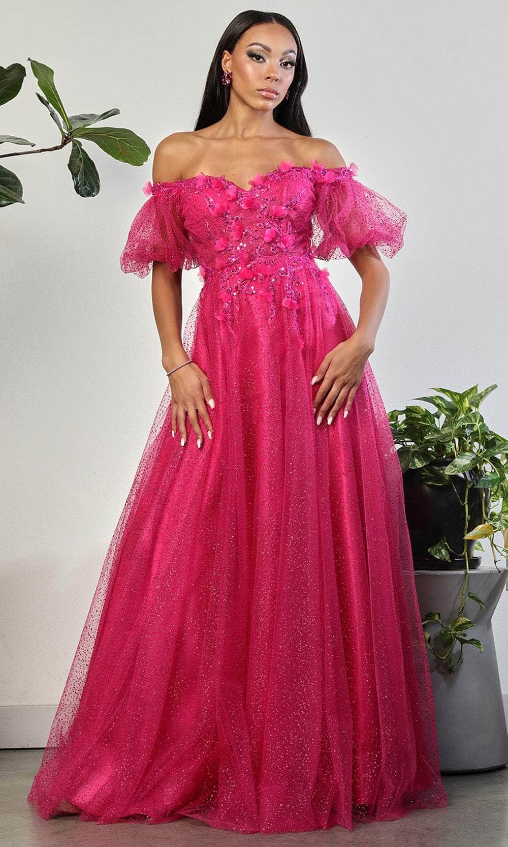 May Queen MQ2033 Sweetheart Puffed Sleeves Gala Long Gown - Fuchsia / 14 May Queen MQ2033 Sweetheart Puffed Sleeves Gala Long Gown - Fuchsia / 14