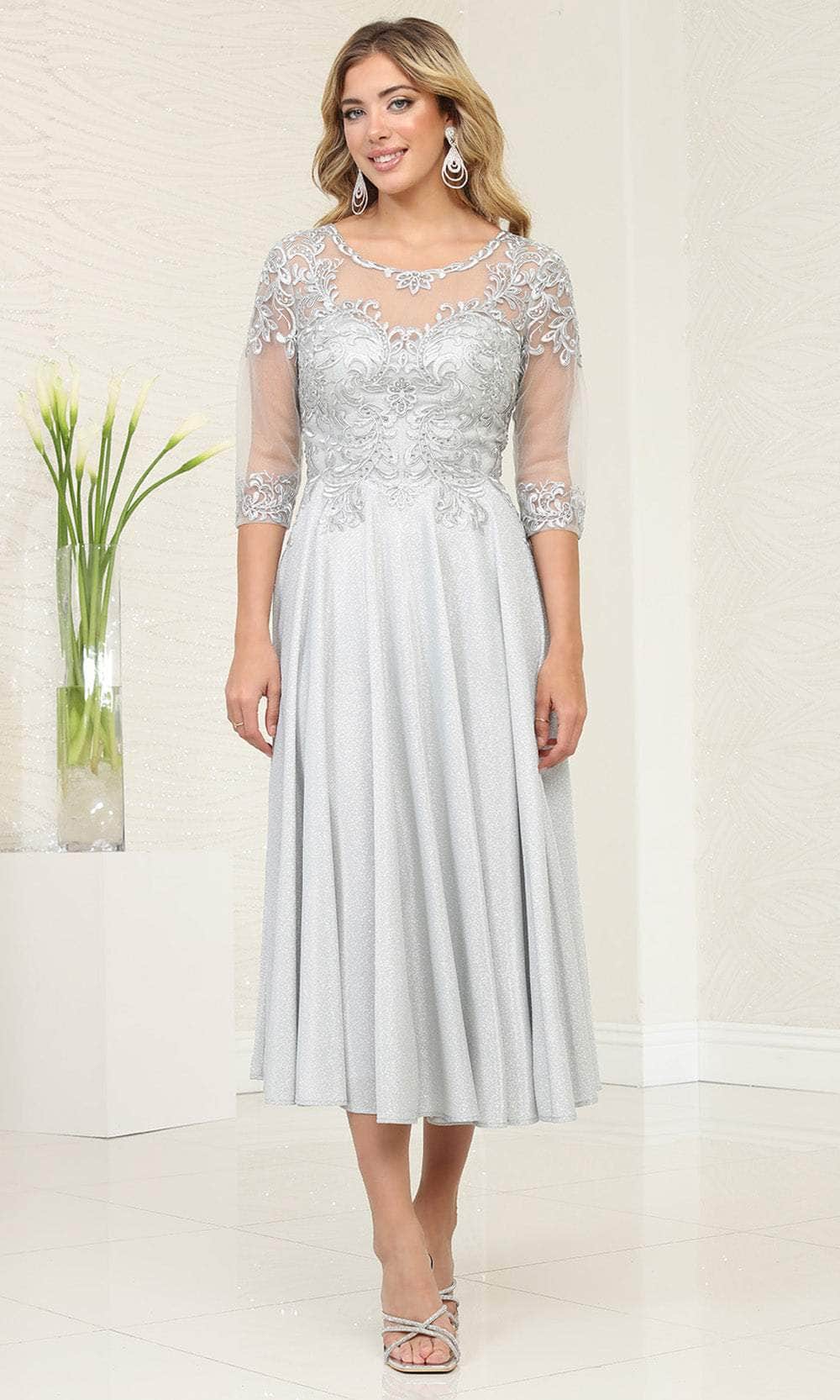 silver tea length formal dresses Charming Silver Party Dresses 2019 A-Line / Princess Off-The-Shoulder Star Lace Sequins T-Strap Short Sleeve Backless Knee-Length Formal Dresses