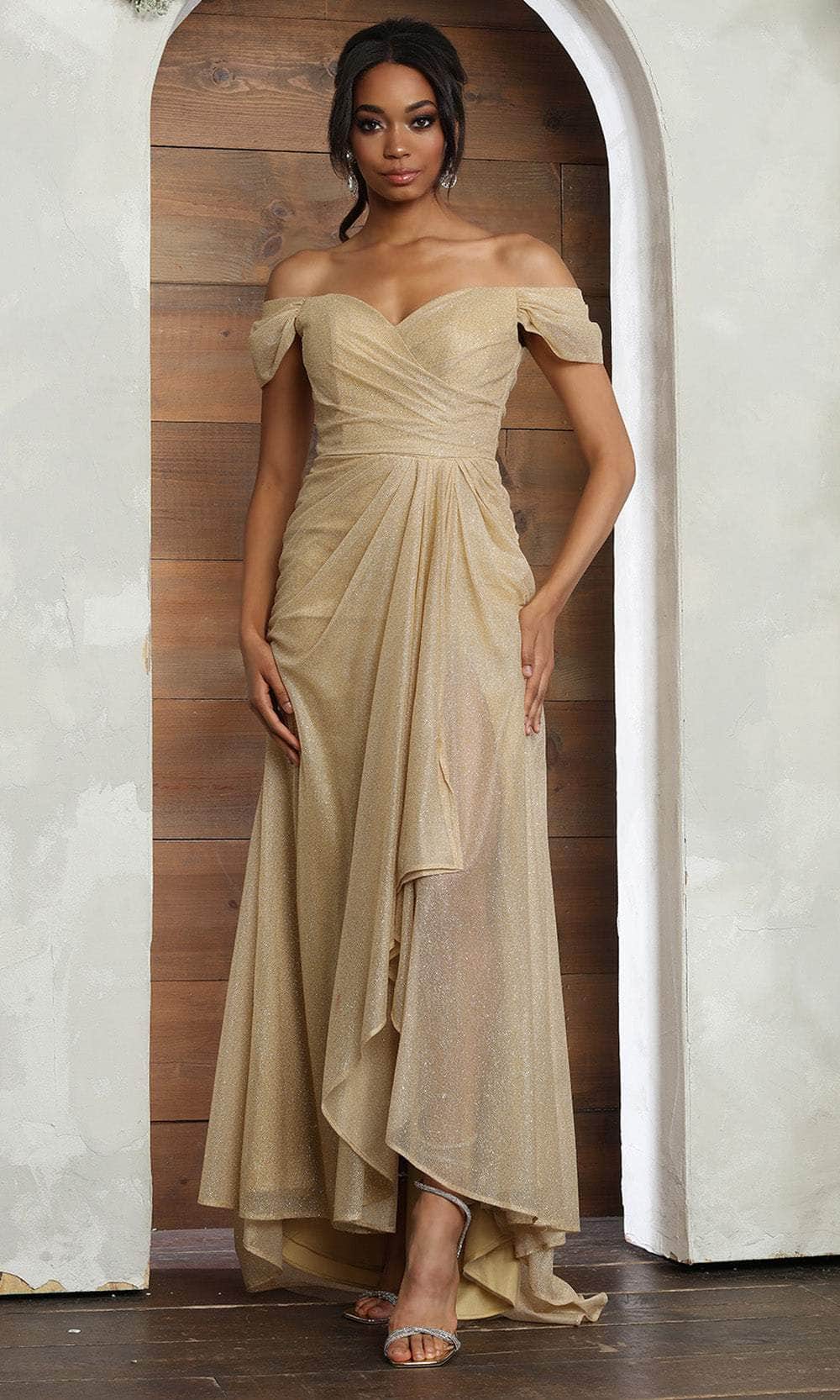 May Queen MQ2063 Off-Shoulder Mother of the Bride Ruched Gown-New Collection - GOLD / 14 May Queen MQ2063 Off-Shoulder Mother of the Bride Ruched Gown-New Collection - GOLD / 14