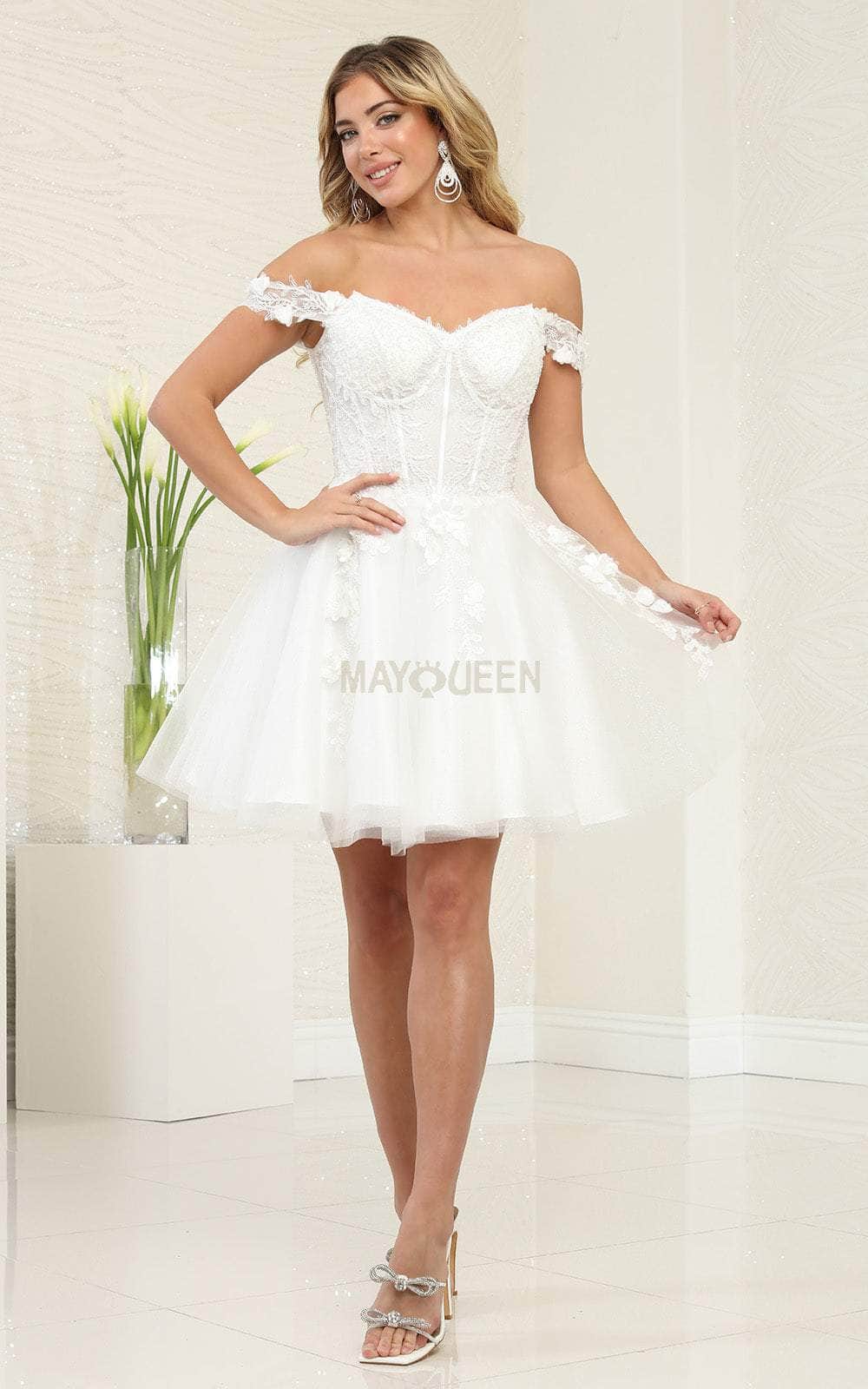 Off-the-Shoulder Mini Short Tulle Cocktail A-Line May Queen MQ2081 - Ivory / 6 Off-the-Shoulder Mini Short Tulle Cocktail A-Line May Queen MQ2081 - Ivory / 6