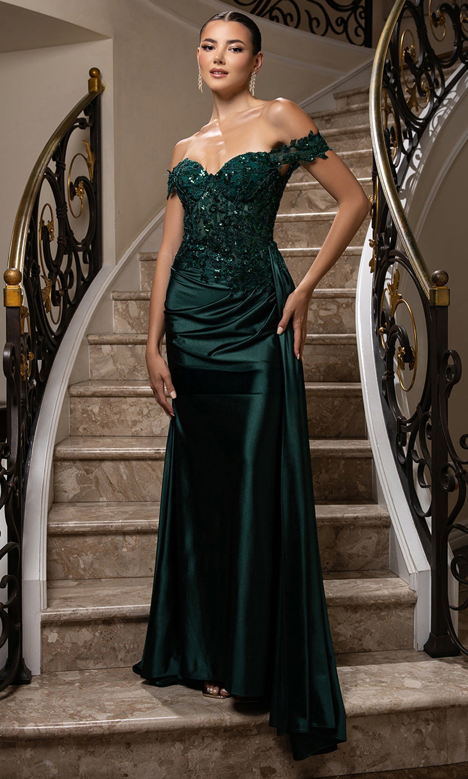 beaded applique dress May Queen MQ2177 - Long Sheath IDentity LNGR Long Satin ornate beadwork Color:Lipstick Red Color Name:CRANBERRY