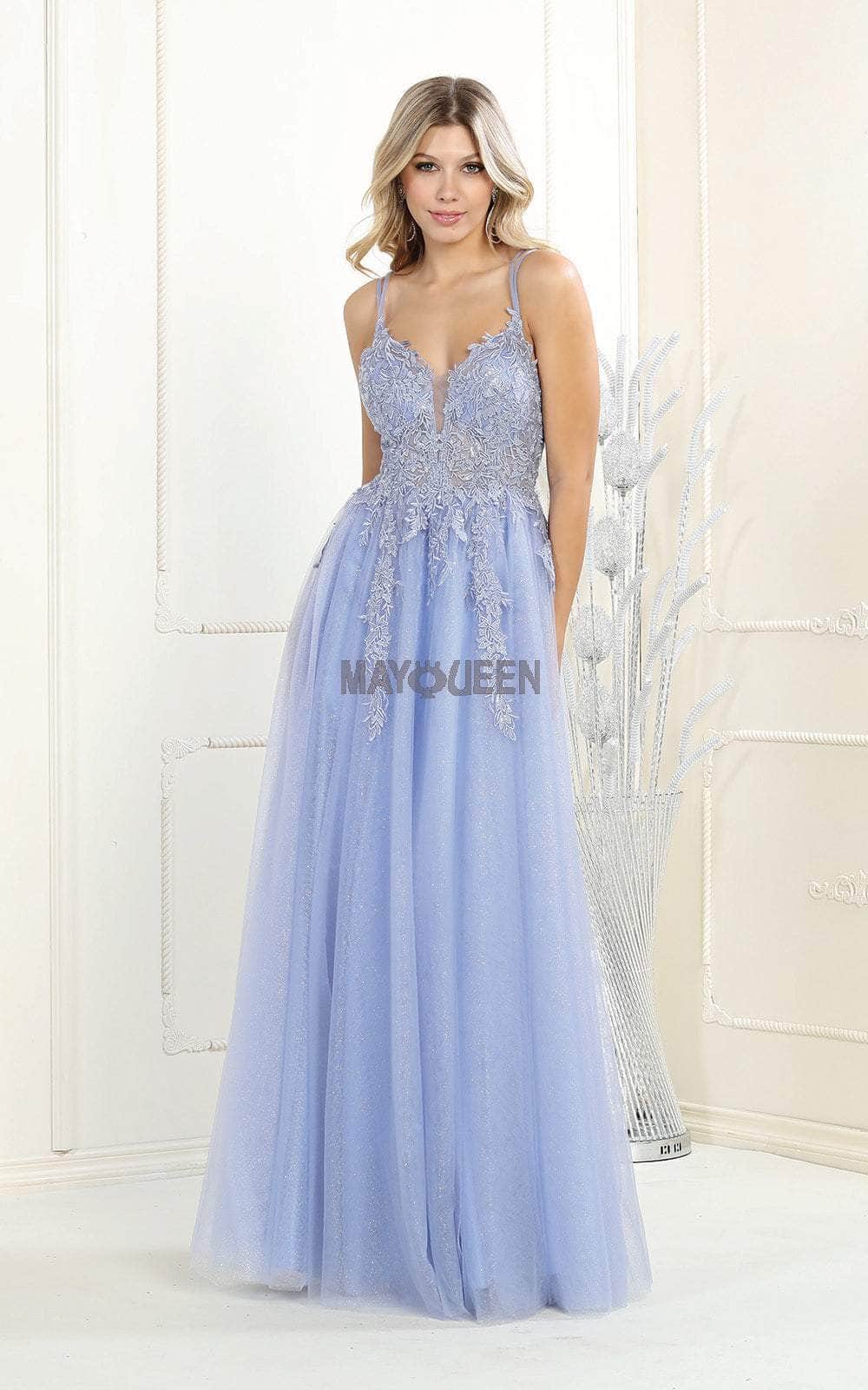 May Queen RQ7957 - Multicolor Beaded Illusion Gown 10 / Dusty Blue - Shop May Queen dresses on Couture Candy at CoutureCandy.com May Queen RQ7957 - Multicolor Beaded Illusion Gown 10 / Dusty Blue - Shop May Queen dresses on Couture Candy at CoutureCandy.com