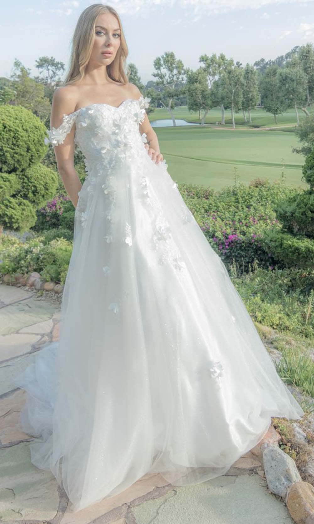 Off-the-Shoulder Floor-Length Tulle Bridal Dress A-Line May Queen RQ8034 - Ivory / 12 Off-the-Shoulder Floor-Length Tulle Bridal Dress A-Line May Queen RQ8034 - Ivory / 12