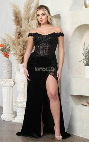 May Queen RQ8085 - Off Shoulder Velvet Prom Dress Prom Dresses 2 / Black