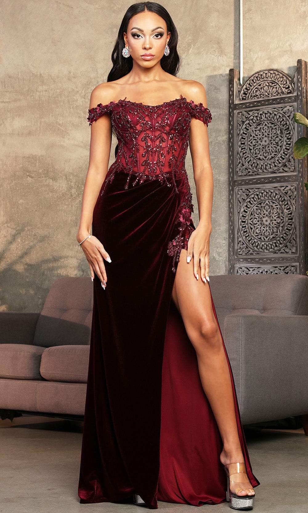May Queen RQ8085 - Off Shoulder Velvet Prom Dress 10 / Fuchsia - Shop May Queen dresses on Couture Candy at CoutureCandy.com May Queen RQ8085 - Off Shoulder Velvet Prom Dress 10 / Fuchsia - Shop May Queen dresses on Couture Candy at CoutureCandy.com