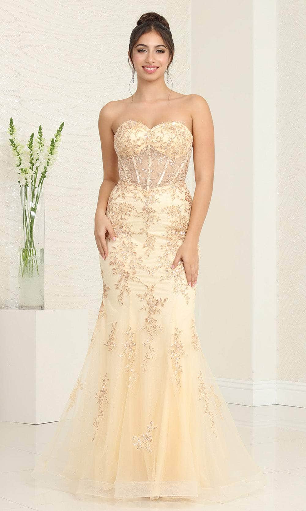 May Queen RQ8118 - Strapless Appliqued Mermaid Prom Gown 20 / Champagne/Gold - Shop May Queen Dresses On Couture Candy at CoutureCandy.com May Queen RQ8118 - Strapless Appliqued Mermaid Prom Gown 20 / Champagne/Gold - Shop May Queen Dresses On Couture Candy at CoutureCandy.com
