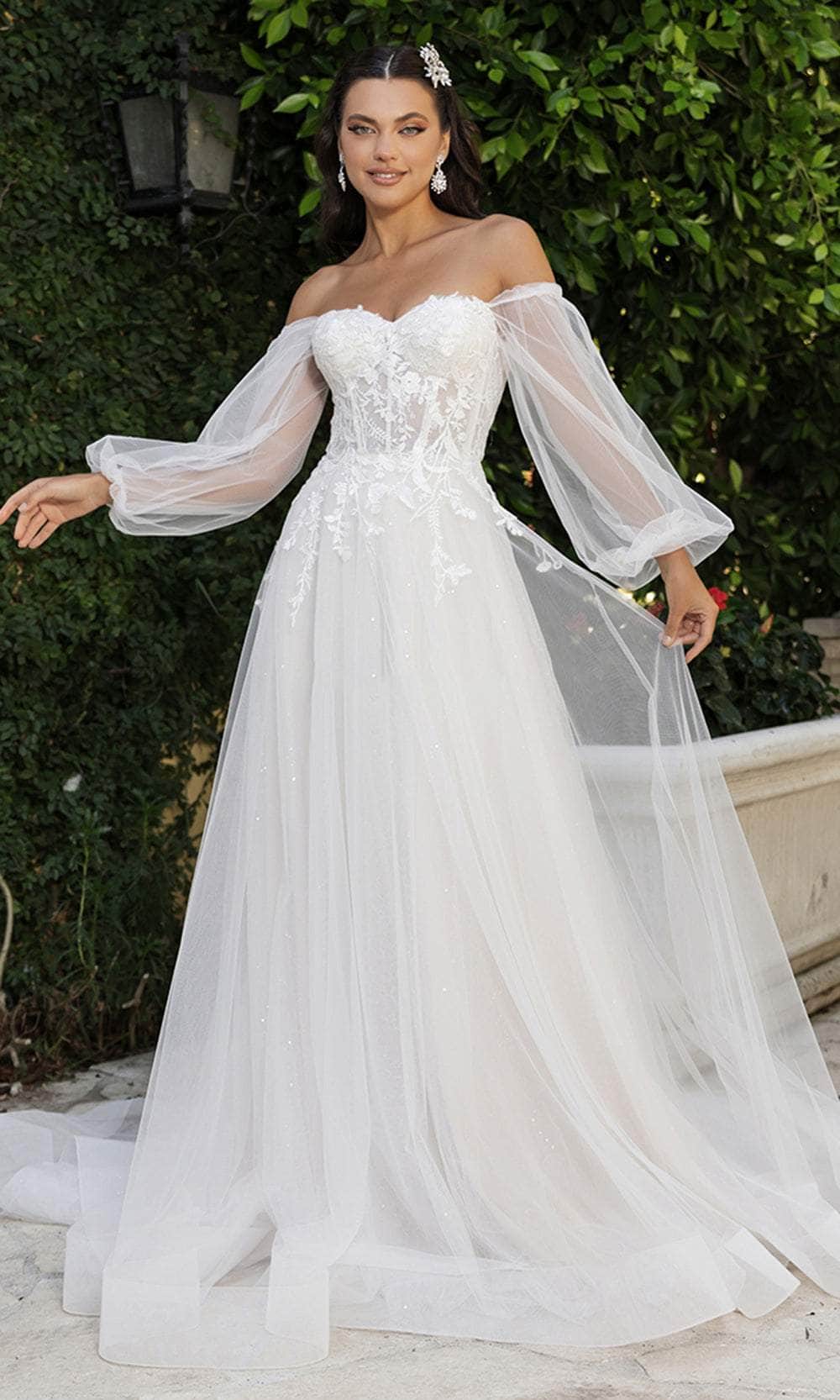 May Queen RQ8168 - Long A-Line Dress - Balloon Sheer Long Sleeves, Sheer Corset Bodice, Horsehair Hem, Train 8 / Ivory/Nude - Shop May Queen Dresses May Queen RQ8168 - Long A-Line Dress - Balloon Sheer Long Sleeves, Sheer Corset Bodice, Horsehair Hem, Train 8 / Ivory/Nude - Shop May Queen Dresses