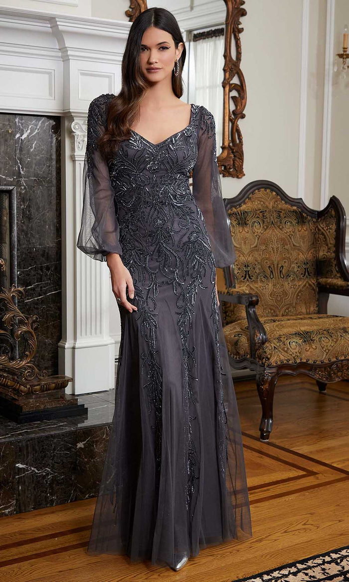 MGNY by Mori Lee 72820 - Bishop Sleeve Beaded Evening Gown Evening Dresses 00 / Charcoal