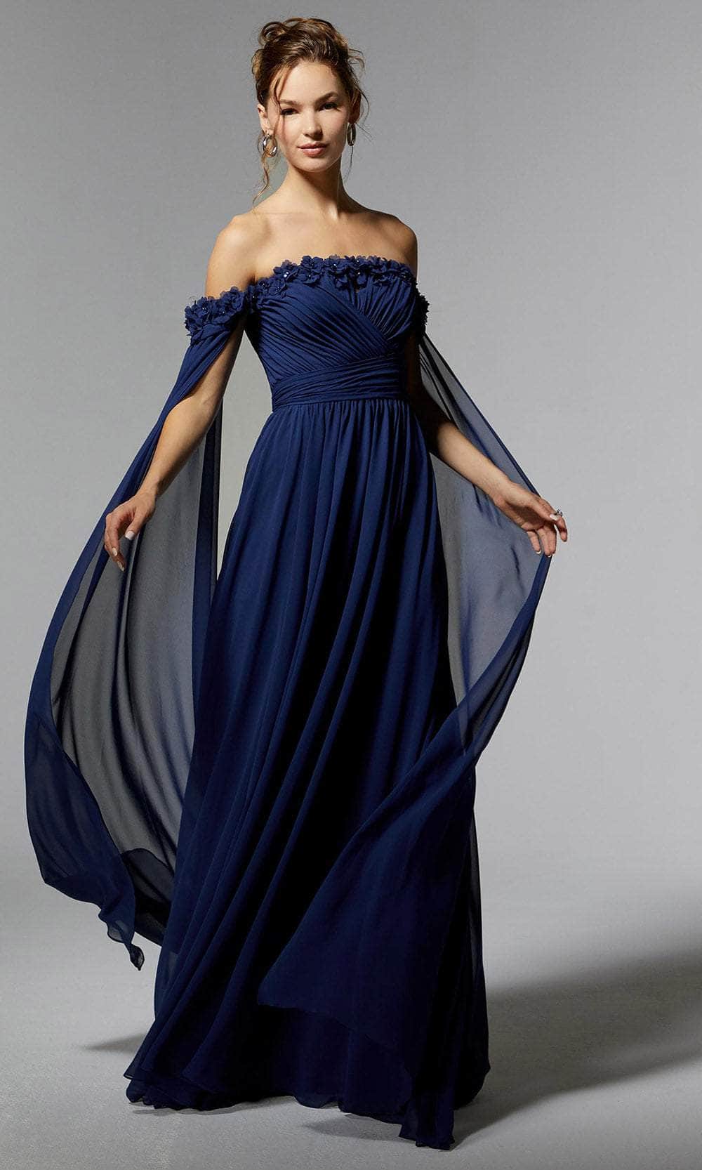 mori lee navy prom dress Mori Lee MGNY 72507 Lace Appliques Off The Shoulder Dress