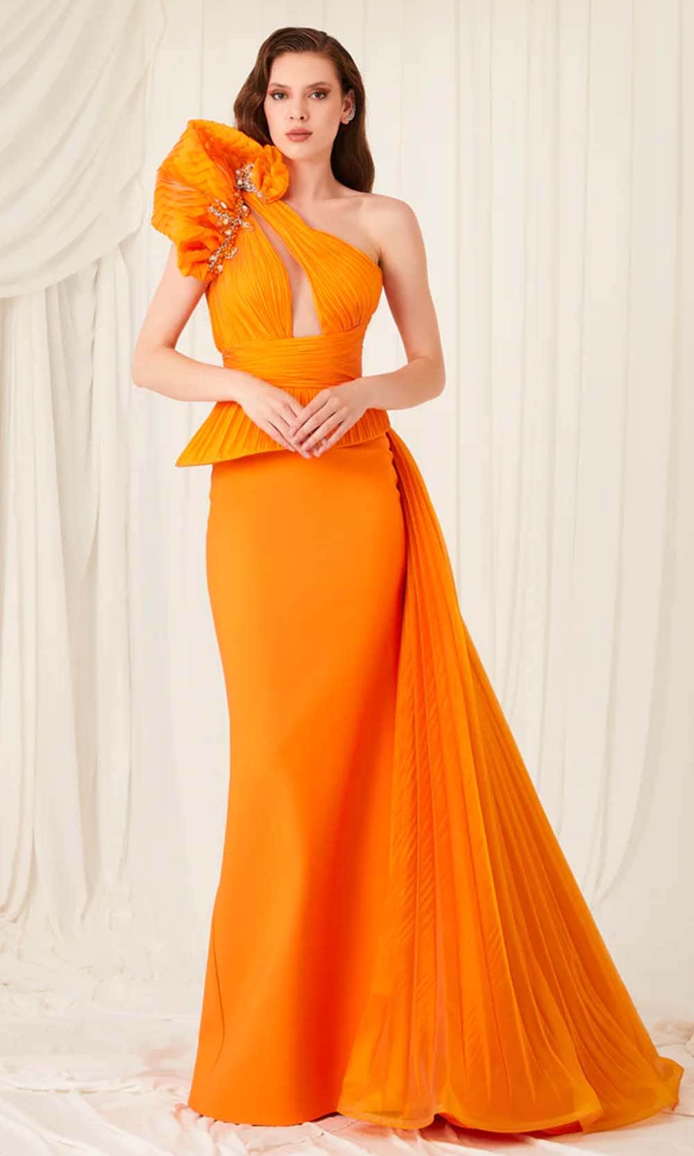 MNM Couture 2799A - Asymmetric Neck Peplum Evening Gown MNM Couture 2799A - Asymmetric Neck Peplum Evening Gown