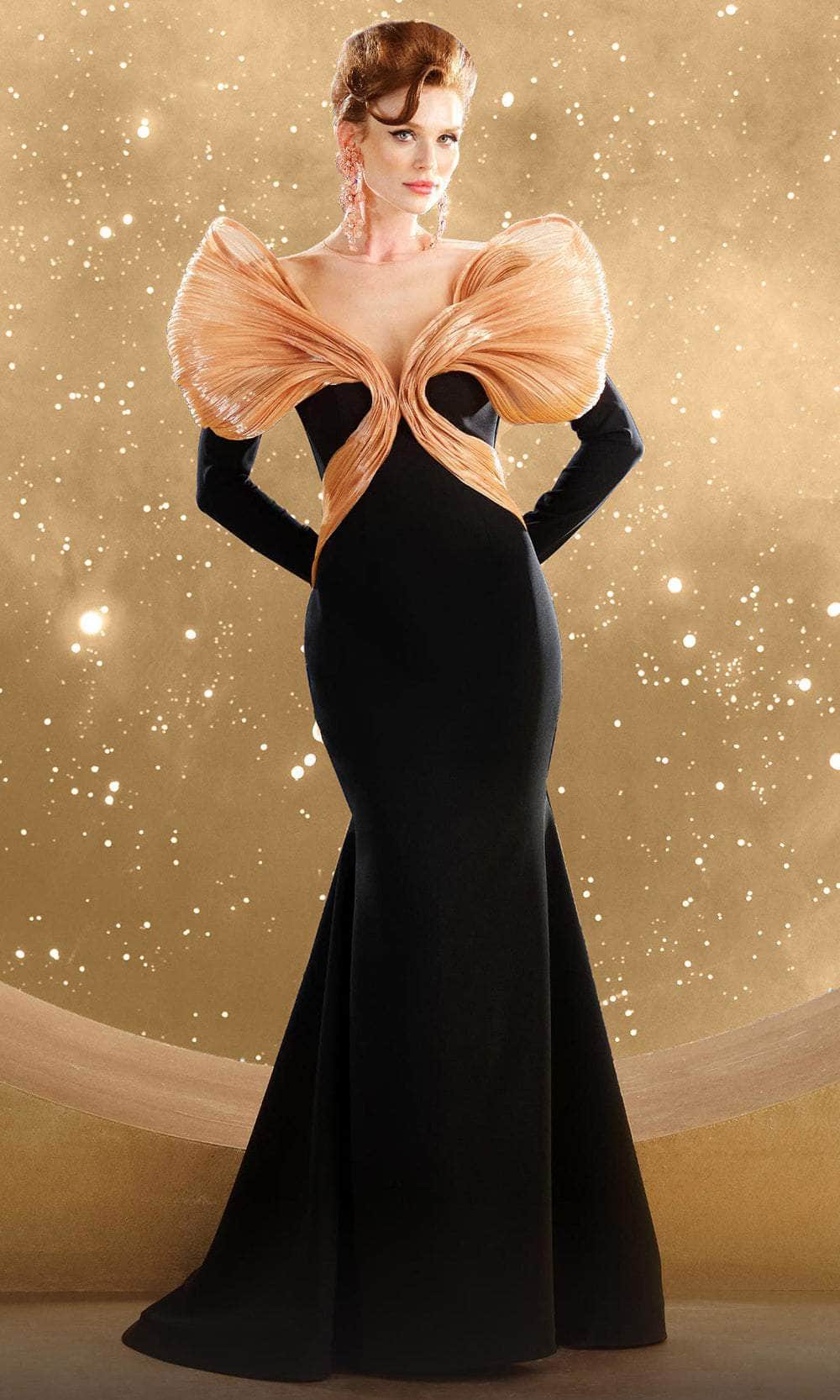 MNM Couture F02849 - Long Sleeve Plisse Draped Evening Gown MNM Couture F02849 - Long Sleeve Plisse Draped Evening Gown