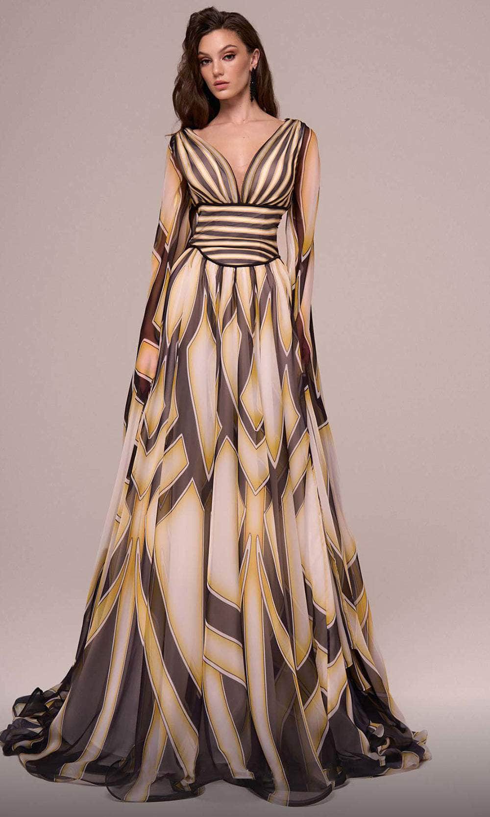 MNM Couture F02862 - Printed Long Cape Sleeve Evening Gown MNM Couture F02862 - Printed Long Cape Sleeve Evening Gown