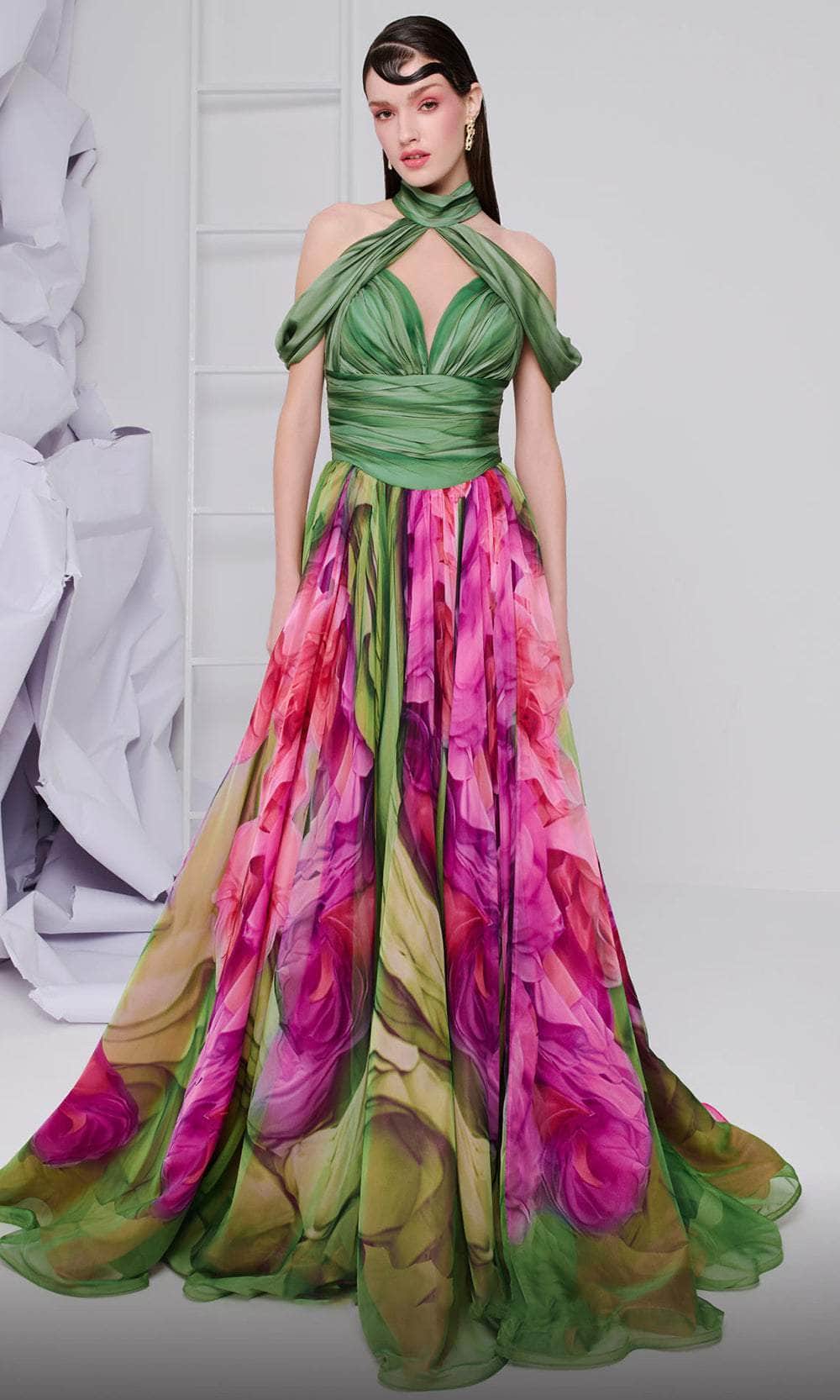 MNM Couture F02864 - Cold Shoulder Floral Print Evening Gown MNM Couture F02864 - Cold Shoulder Floral Print Evening Gown