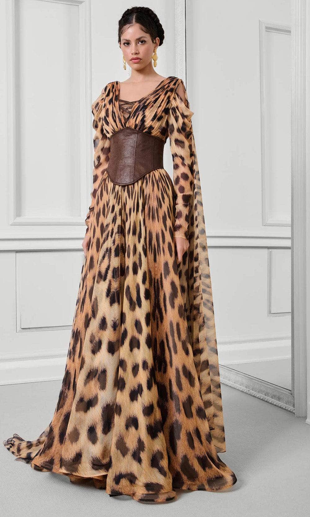 MNM Couture F02921 - Long A-line Dress - Animal Print, Long Sleeves, Flowing Cape Sleeves, Wide Waistband, Sweep Train Couture Candy MNM Couture F02921 - Long A-line Dress - Animal Print, Long Sleeves, Flowing Cape Sleeves, Wide Waistband, Sweep Train Couture Candy