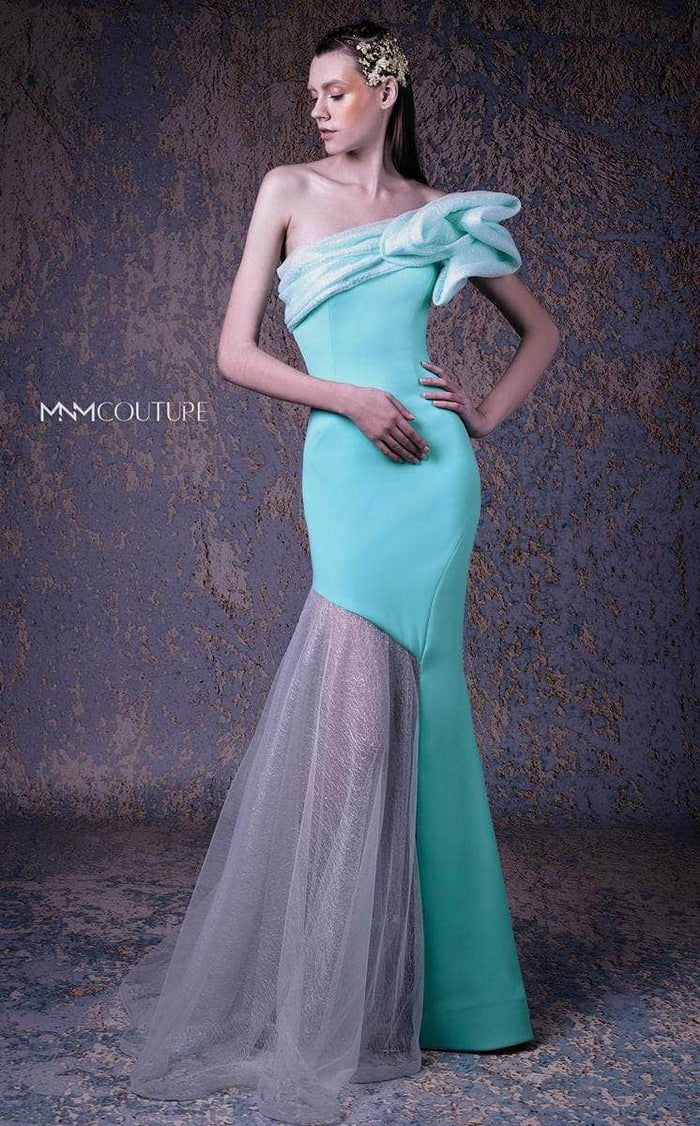 MNM Couture G1010 - Off Shoulder Asymmetric Evening Gown Special Occasion Dress 6 / Aqua