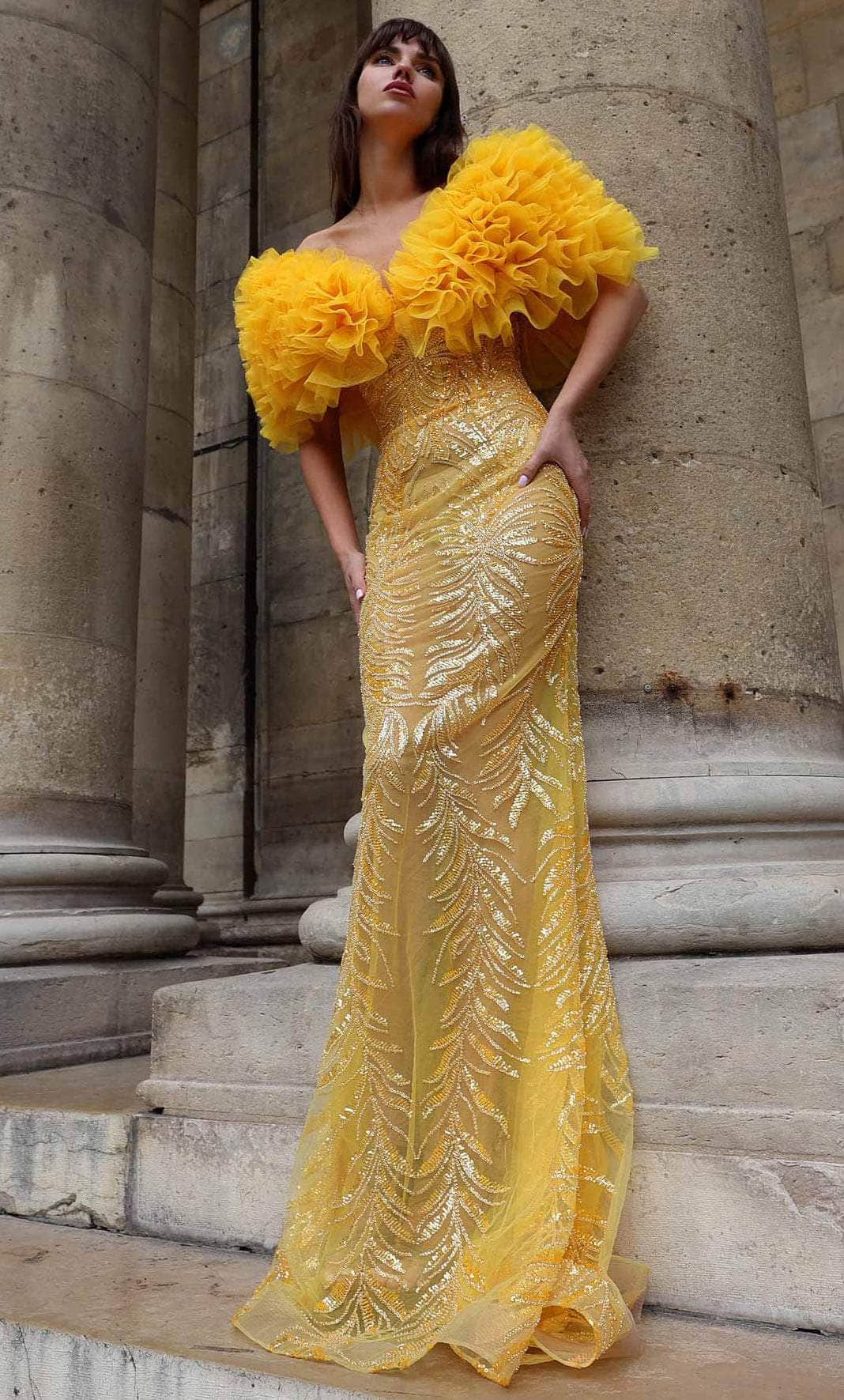MNM Couture K4031 - Ruffled Off Shoulder Evening Gown Couture Candy MNM Couture K4031 - Ruffled Off Shoulder Evening Gown Couture Candy