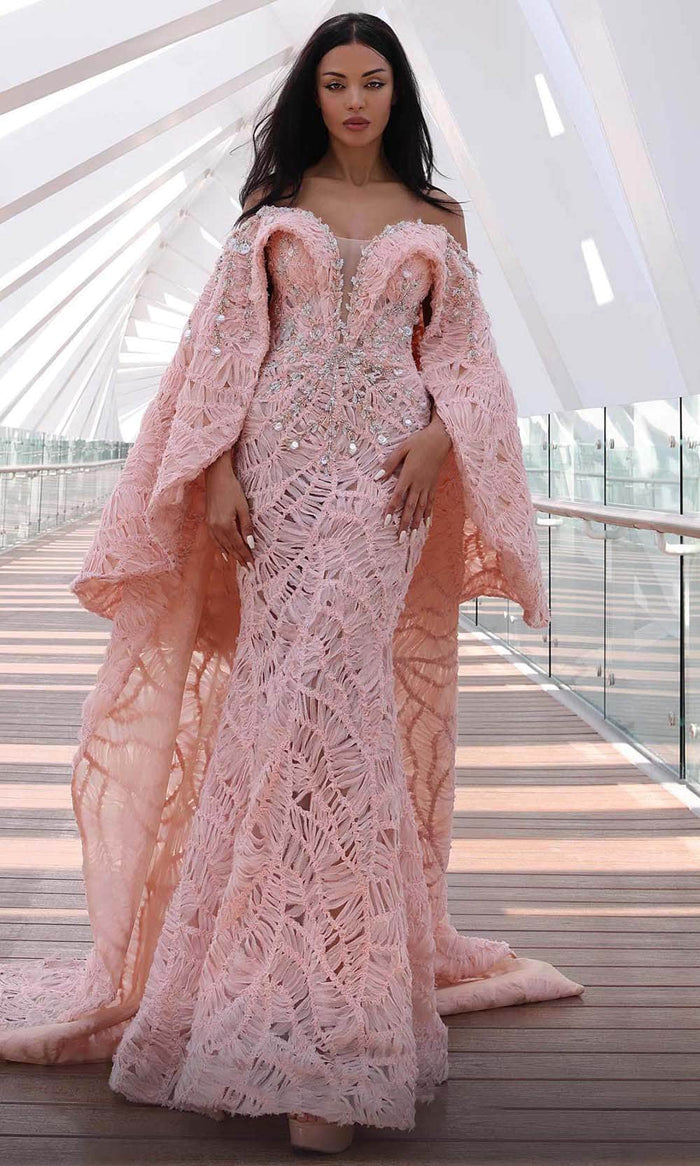 MNM Couture K4127 - Lace Textured Evening Dress Evening Dresses 0 / Salmon
