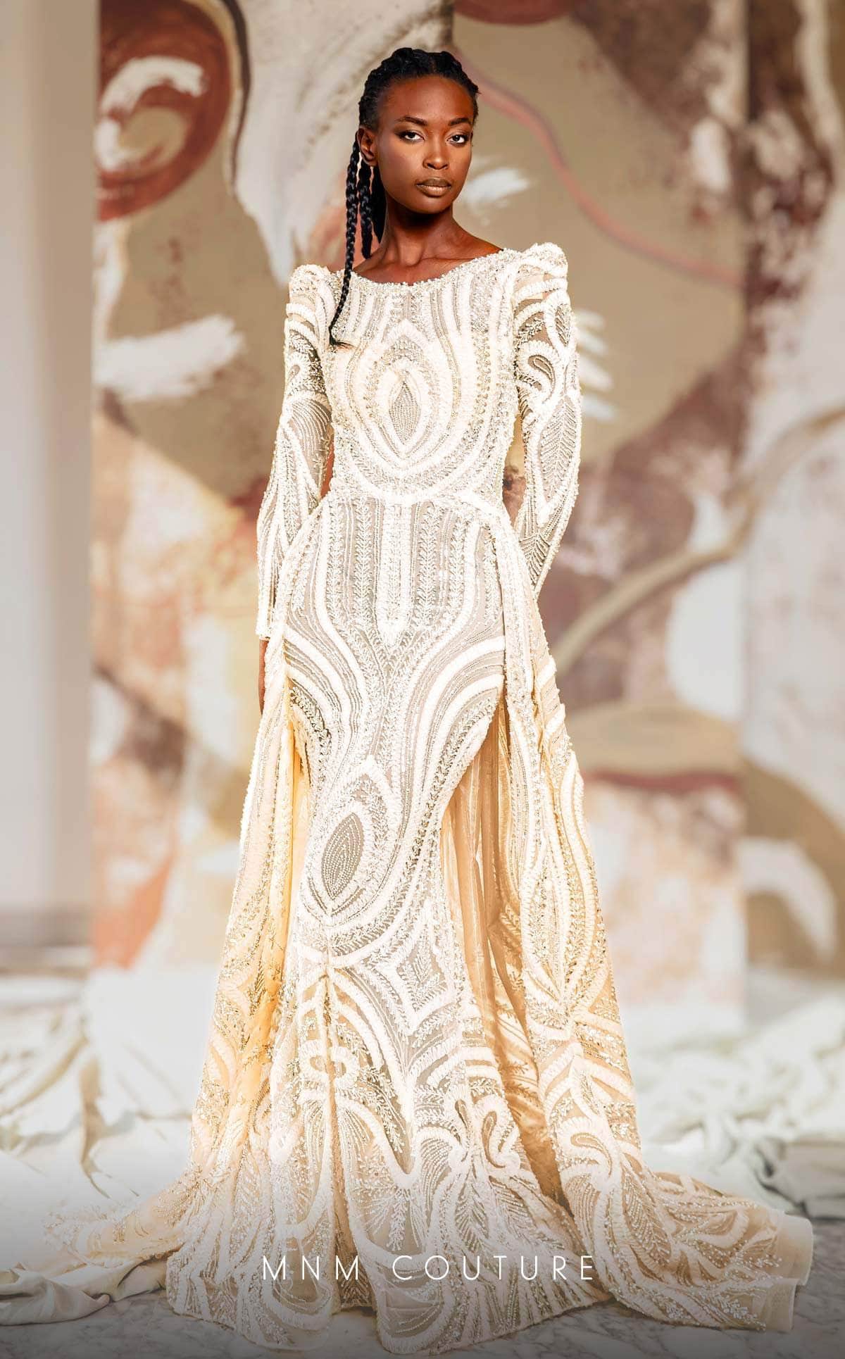 MNM Couture K4148 Champagne Embellished Long-Sleeve Gown Champagne / 8 MNM Couture K4148 Champagne Embellished Long-Sleeve Gown Champagne / 8