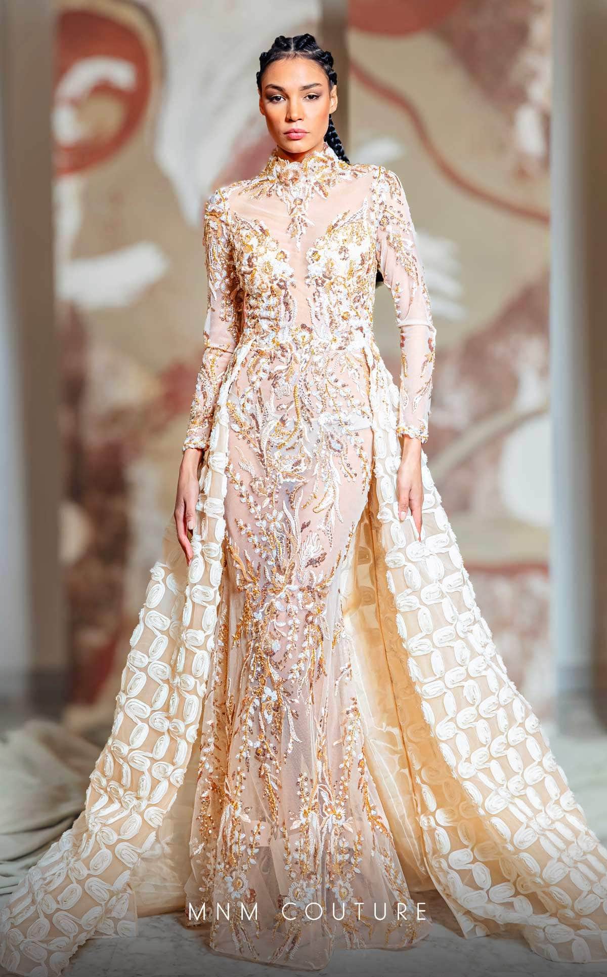 MNM Couture K4149 High-Neck Sheer Gown Beige Embellished Long Dress Beige / 16 MNM Couture K4149 High-Neck Sheer Gown Beige Embellished Long Dress Beige / 16