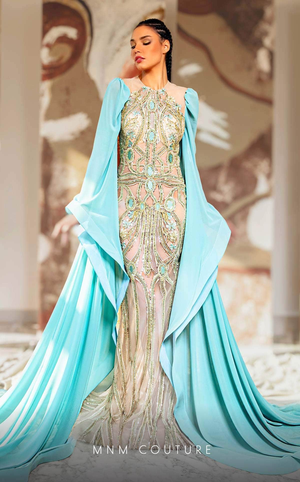 MNM Couture K4169 - Jewel Neck Long Cape Evening Gown MNM Couture K4169 - Jewel Neck Long Cape Evening Gown