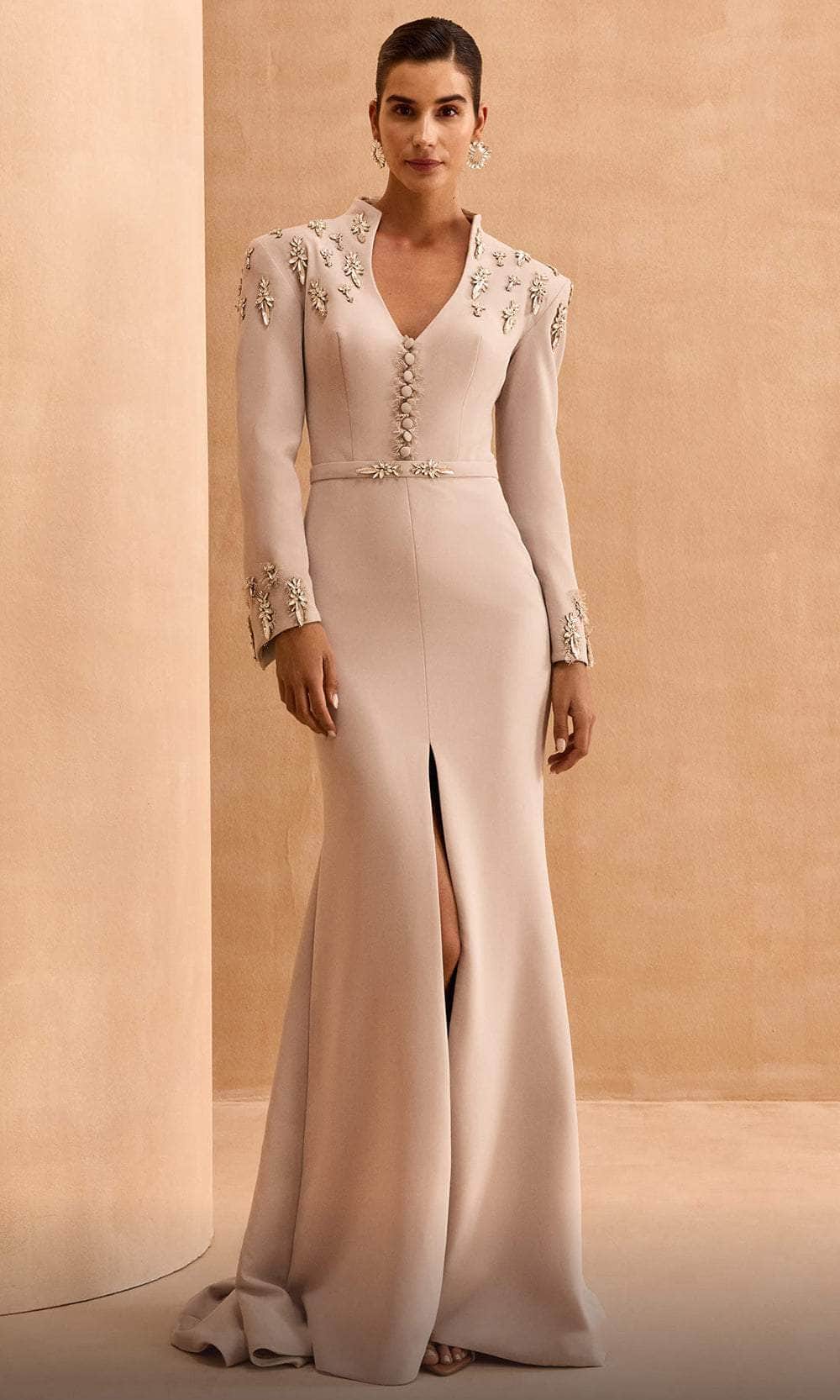 MNM Couture V02030 Beige Embellished Evening Gown with Slit Long Sleeve Formal Dress Beige / 20 MNM Couture V02030 Beige Embellished Evening Gown with Slit Long Sleeve Formal Dress Beige / 20