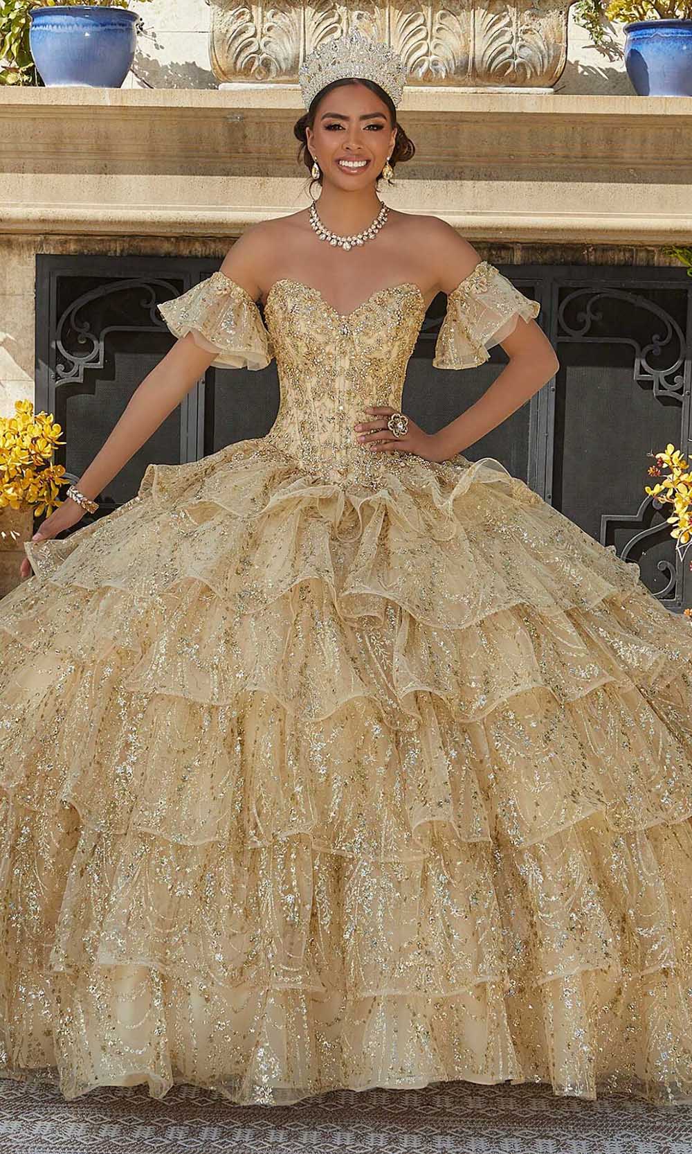 Gold Modern Ball Gowns Mori Lee 34094 Jewel Embellished Strapless
