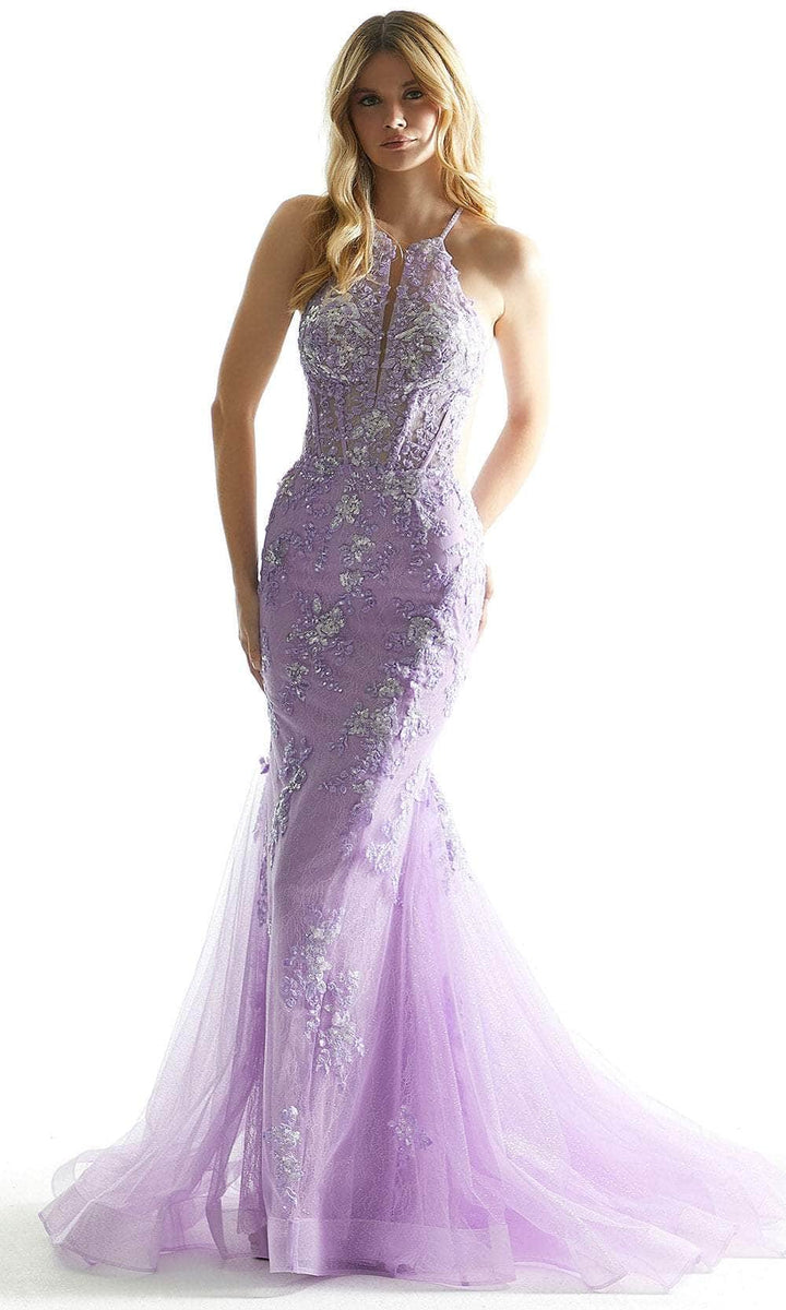 Rose Quartz Deep V-Neck Halter Mermaid Prom Dress with Lace Appliques main image 0